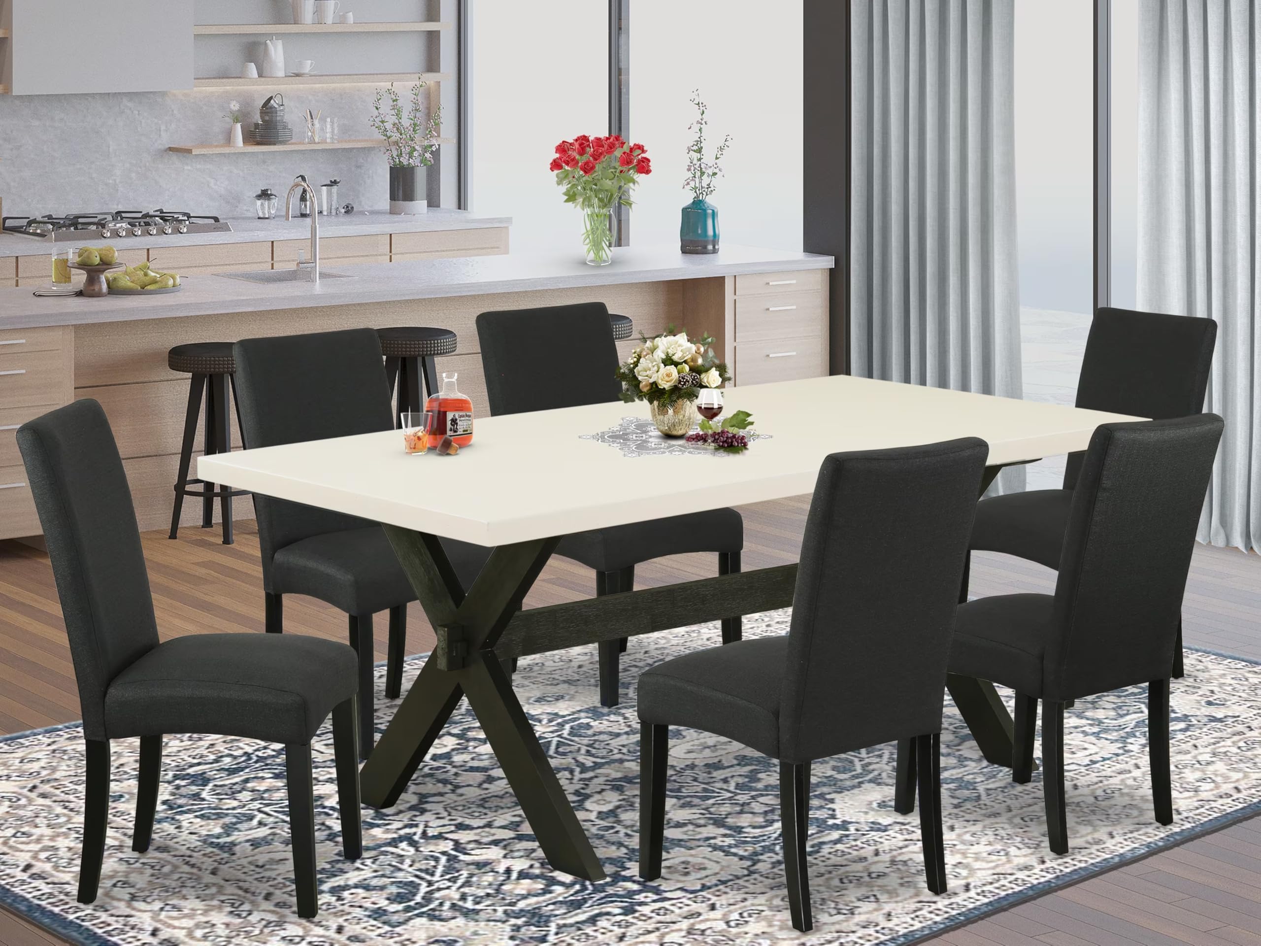 East West Furniture X627Dr124-7 7 Piece Dining Room Furniture Set Consist Of A Rectangle Dining Table With X-Legs And 6 Black Color Linen Fabric Upholstered Chairs, 40X72 Inch, Multi-Color