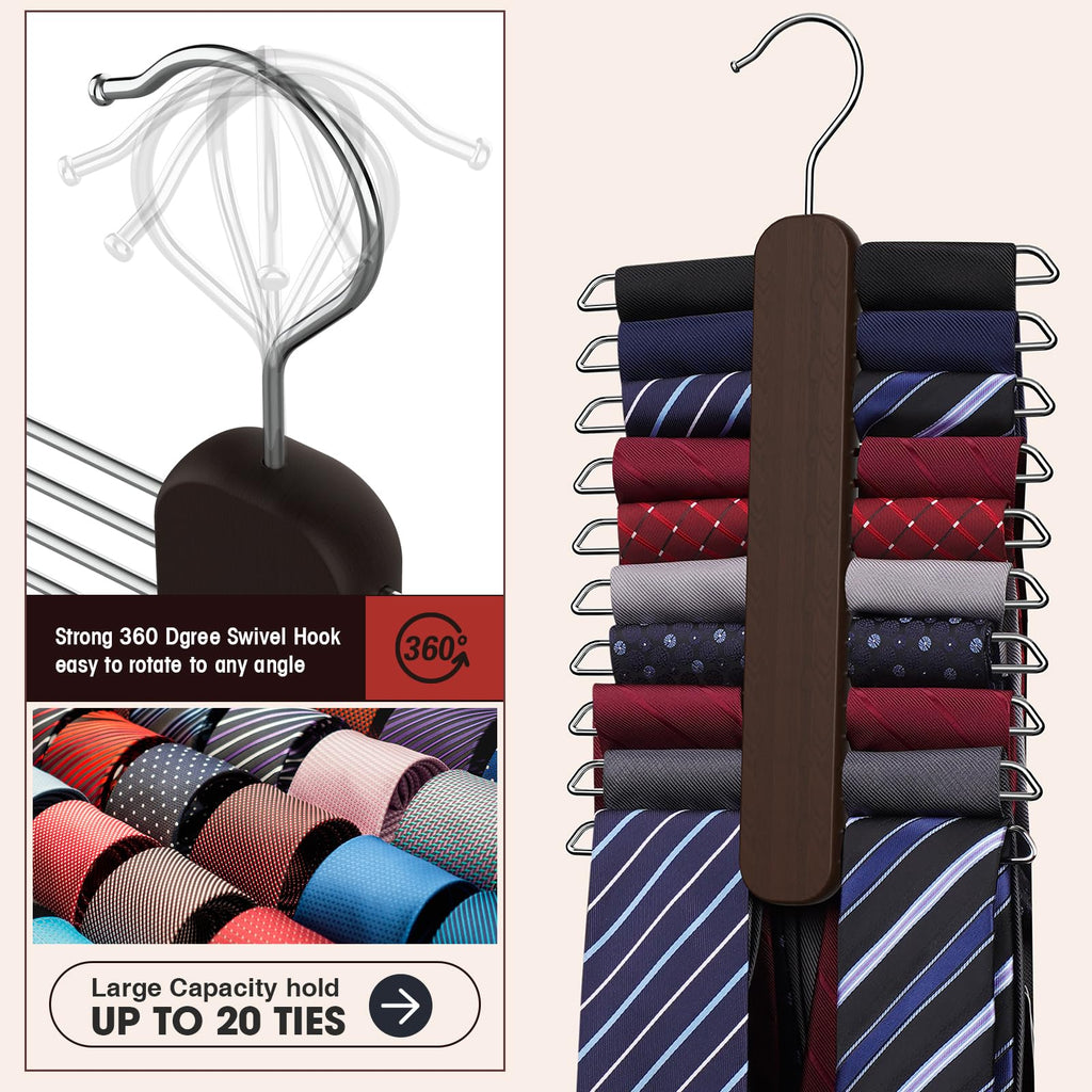 Uinicor Tie Hanger,Tie Organizer For Closet 20 Storage Capacity,Wooden Necktie Organizer Tie Holder,360 Degree Rotating Accessor