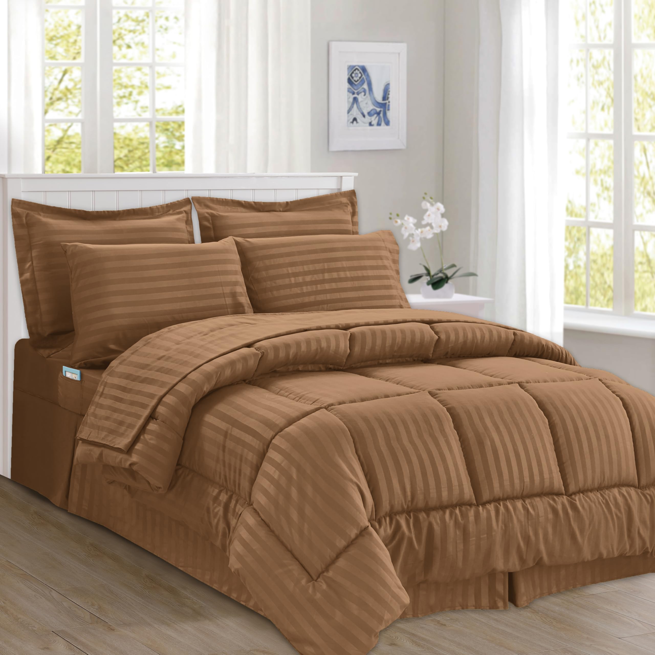 Elegant Comfort Silky Soft 8-Piece Dobby Stripe Bed-In-A-Bag Comforter Set, Includes 4Pc Smart Sheet Set, Bed Skirt, Comforter, Matching Pillowcases And Shams - Twin/Twin Xl, Taupe