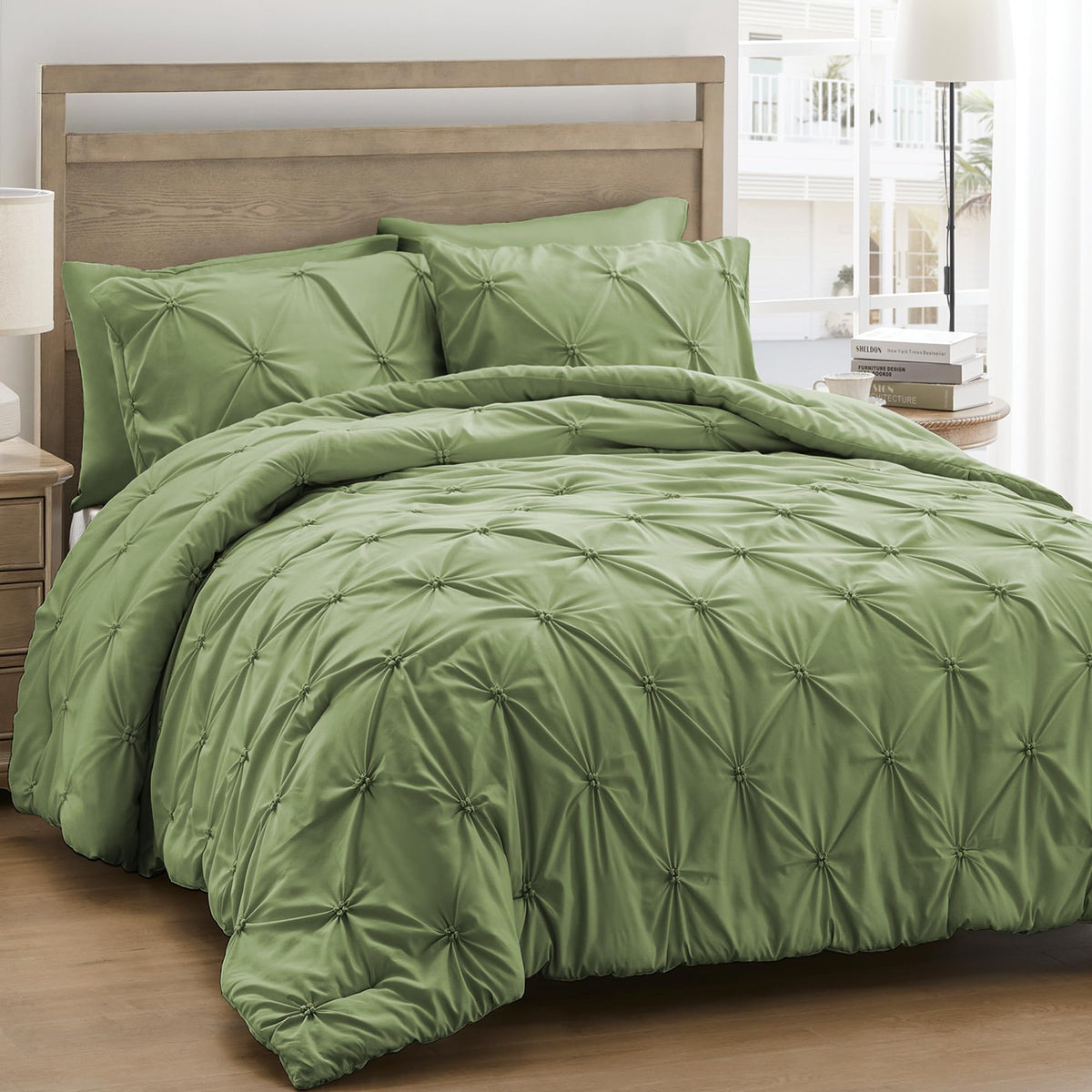 Unikome King Size Comforter Set Olive Green - Soft Fluffy Pintuck Down Alternative Bedding Set For All Seasons, 3 Pieces Pinch P