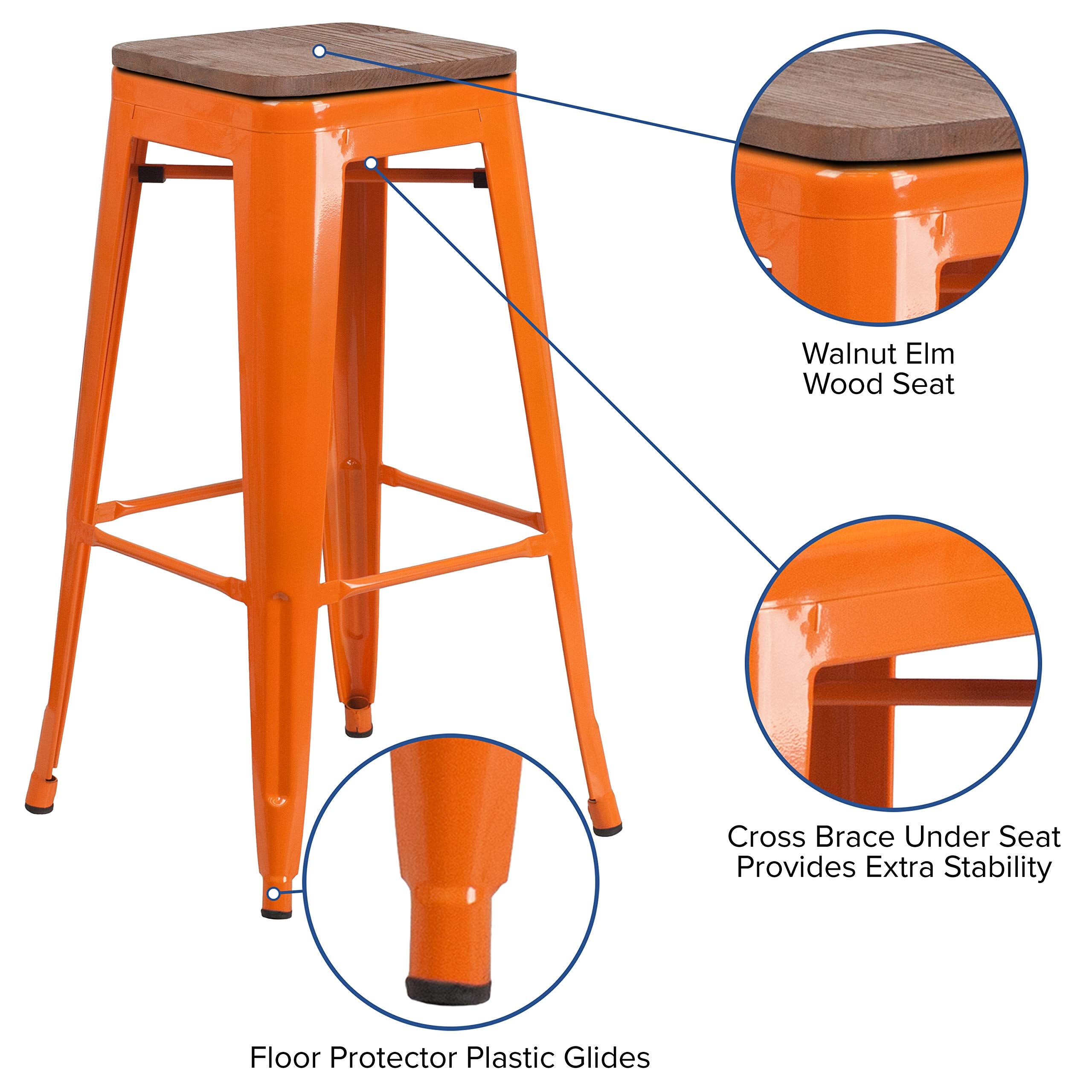 Flash Furniture Lily 30" High Backless Orange Metal Barstool with Square Wood Seat