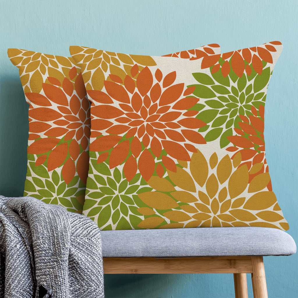 Fall Burnt Orange Outdoor Pillow Covers 18X18 Inch Set Of 2 Mustard Yellow Green Dahlia Floral Decor Throw Pillows Modern Geomet