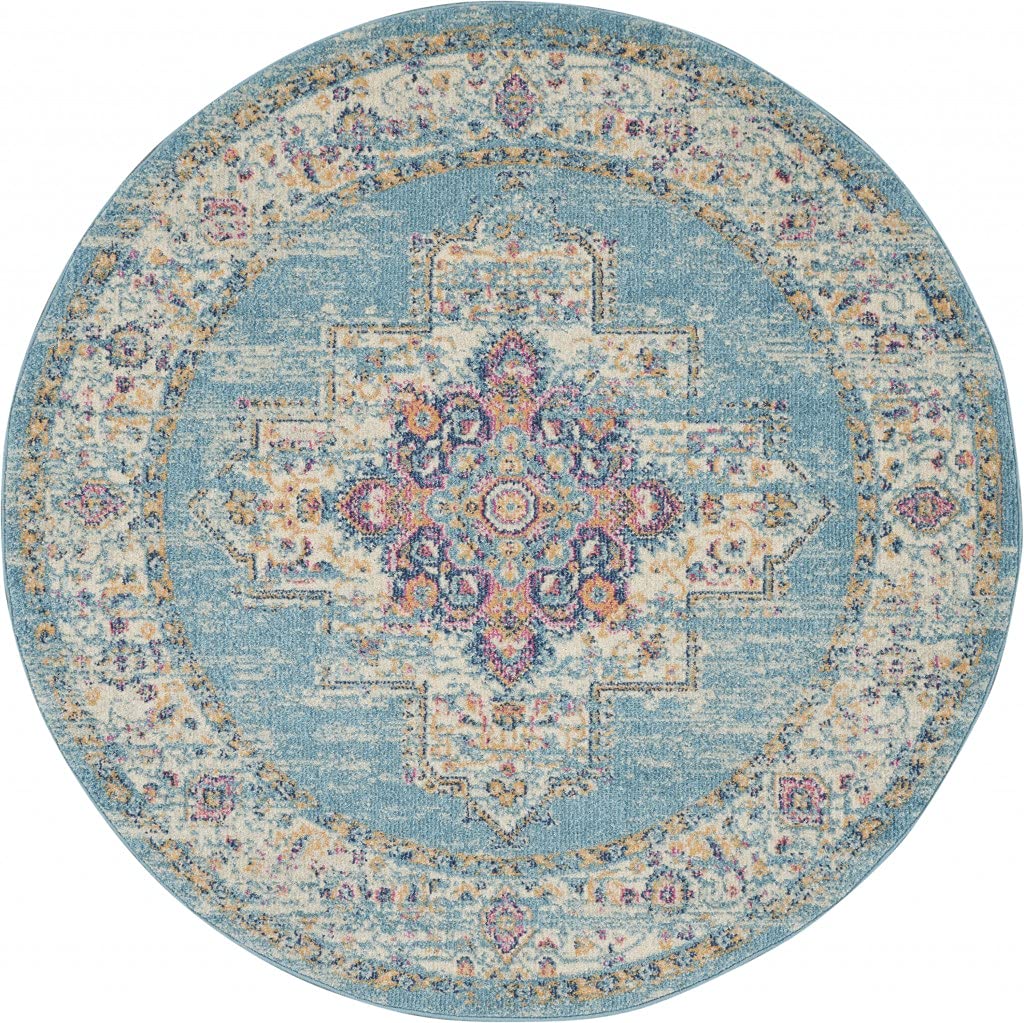 HomeRoots 100% Polypropylene 4’ Round Light Blue Distressed Medallion Area Rug