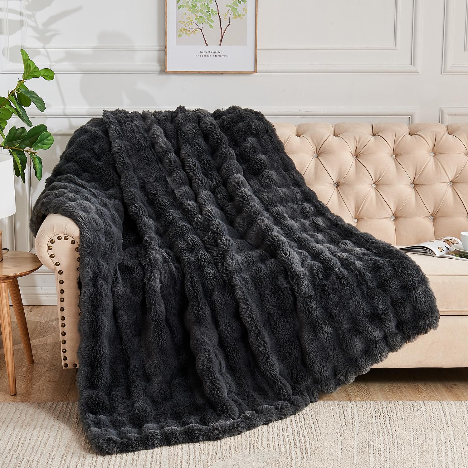 Lotus Karen Faux Fur Blanket Dark Gray Twin Size - Big Bubble Rabbit Fluff Blanket For Couch, Small Fluffy Fuzzy Cozy Blanket, T