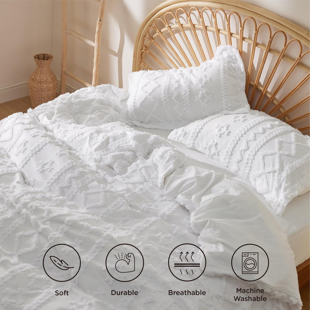 Bedsure Boho Duvet Cover King Size - Tufted King Duvet Cover Set For All Seasons, 3 Pieces Soft Shabby Chic Embroidery Boho Bedding, Comforter Not Included (White, 104' X 90')
