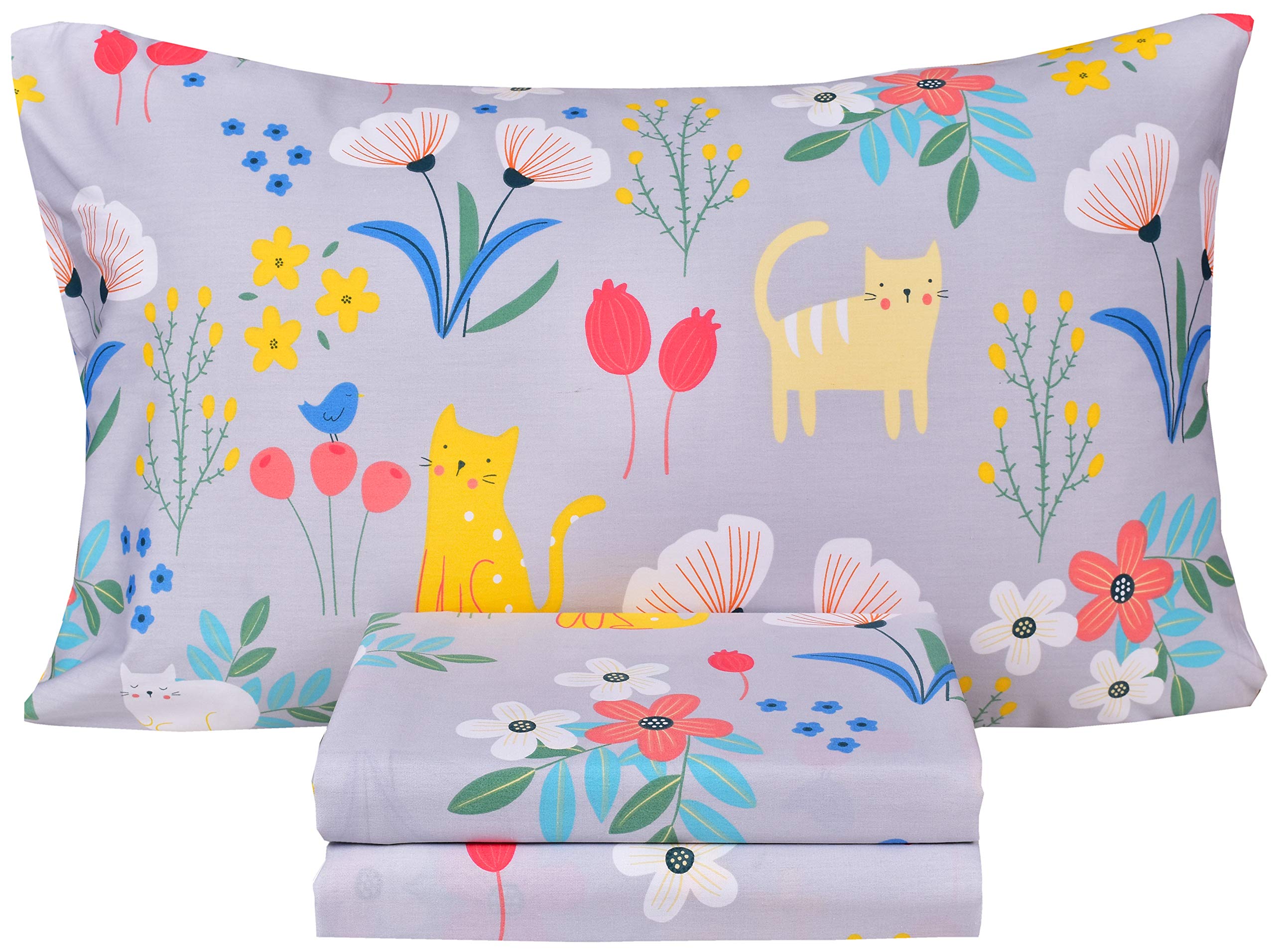 Scientific Sleep Kitty Cats Flowers Girls Kids Toddler Teens 100% Cotton Twin Bed Sheet Set, Flat Sheet & Fitted Sheet & Pillowc