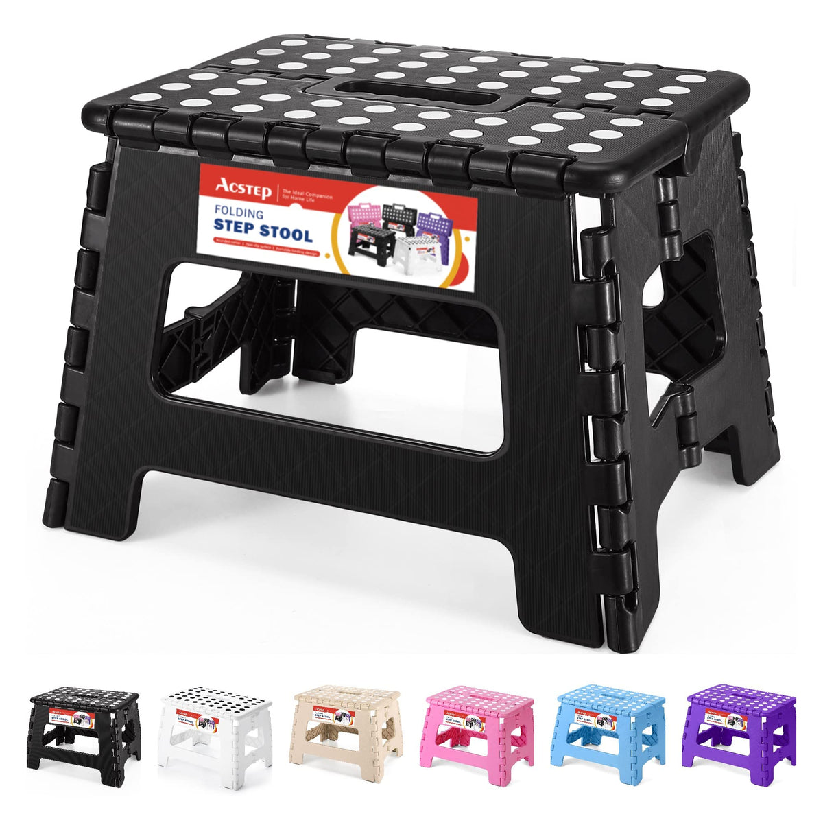 Acstep Folding Step Stool 9'' Tall Kids Step Stool Holds Up To 300 Lb Plastic Foldable Step Stools For Kids Non-Slip Surface With Carry Handle Collapsible Stool For Home, Outdoor And Indoor(Black)