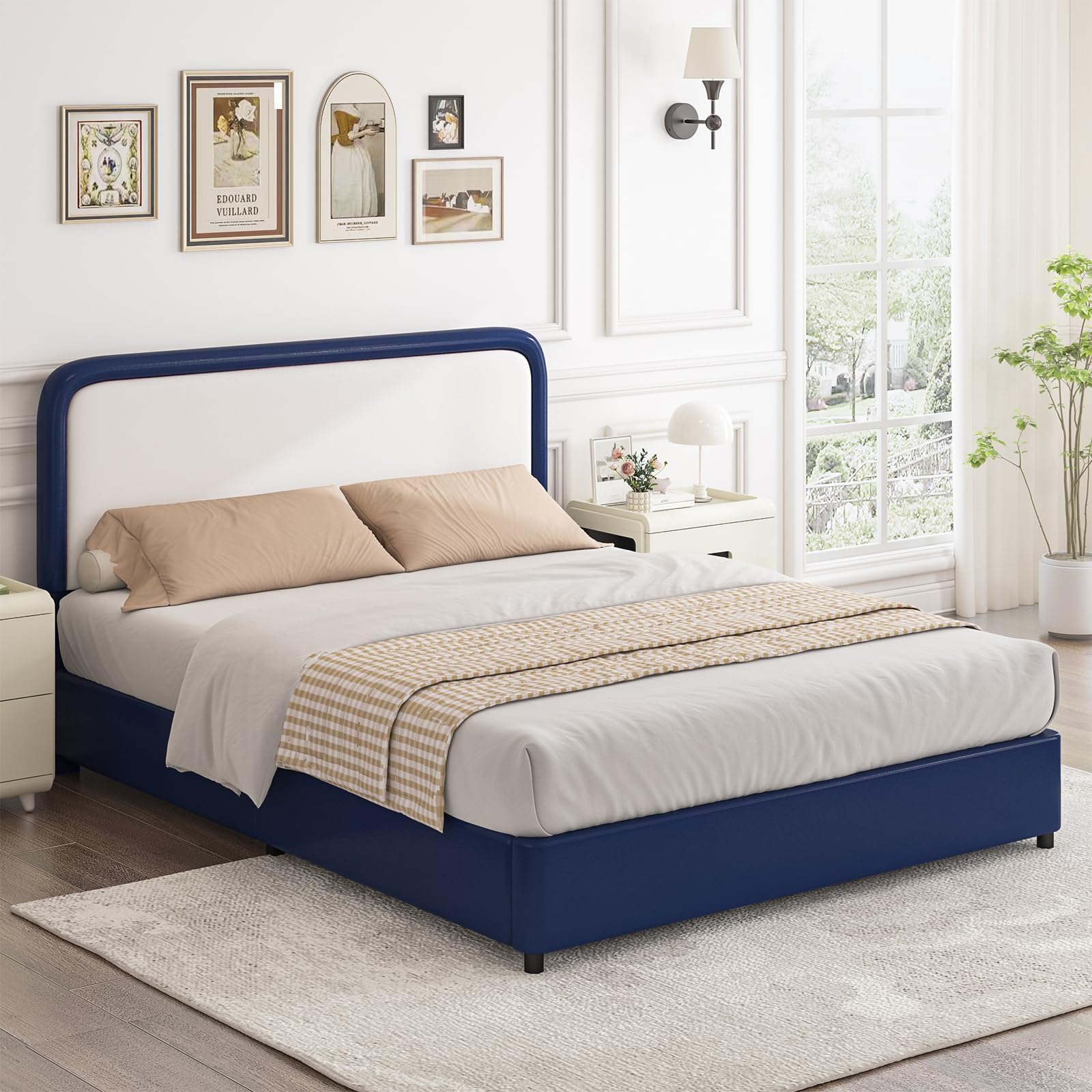 Full Size Bed Frame With Headboard, Bed Frame Full With Wood Slats Support, No Box Spring Needed, Easy Assembly, Blue