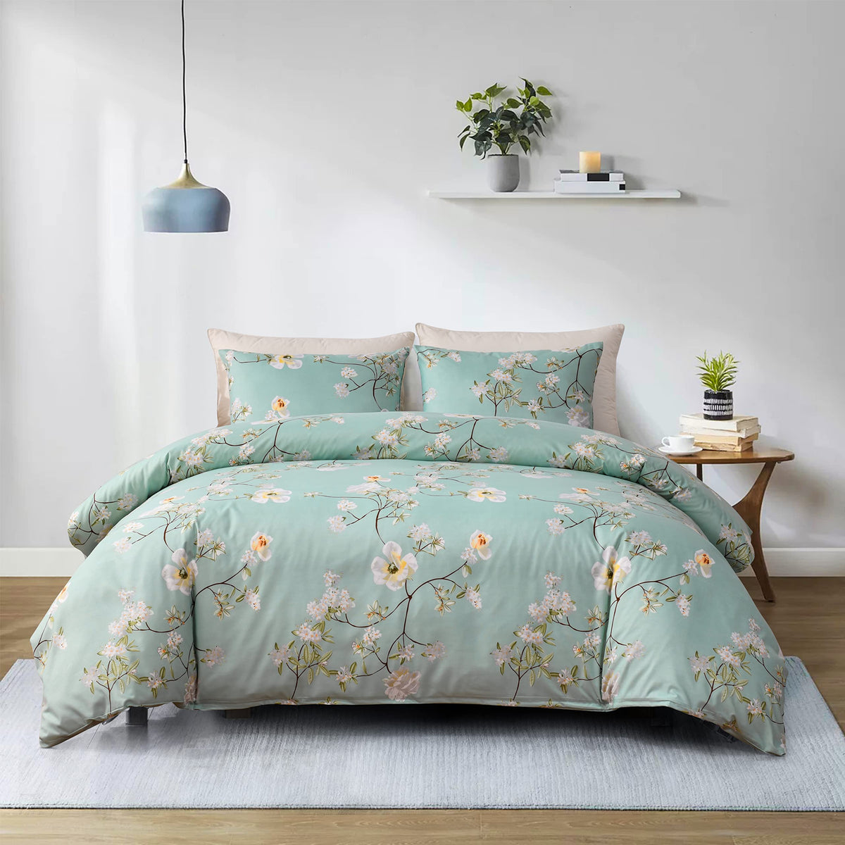 Getiann Green Floral Duvet Cover Set Queen Comforter Cover Full 90'X90' With Pillow Shams Hotel Soft Lightweight Bedding Set