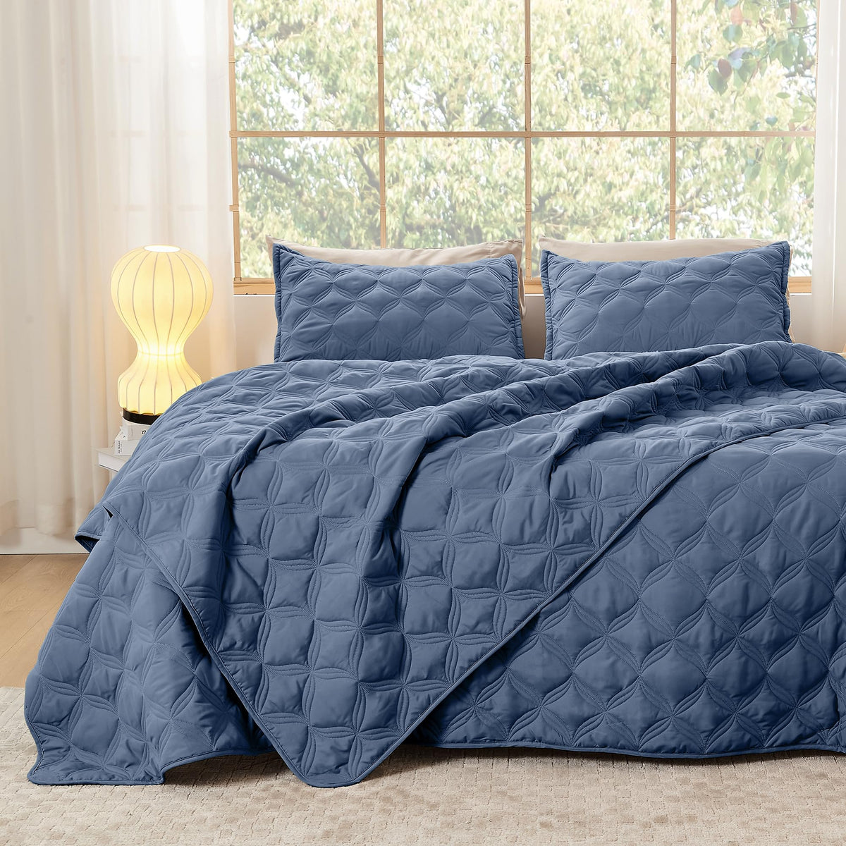 Litanika King Size Quilt Bedding Set, Ocean Blue Summer Lightweight Soft Comforter Bedspreads & Coverlets, Boho Farmhouse Beddin