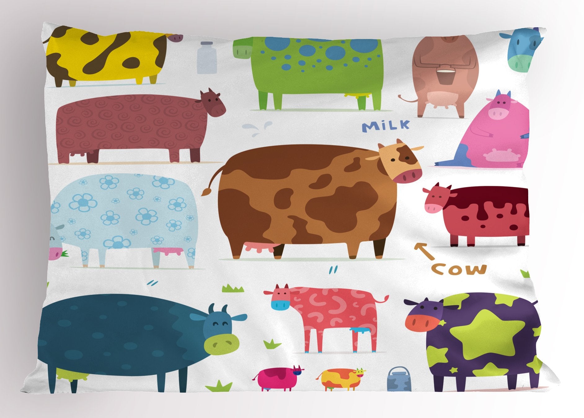 Lunarable Cartoon Pillow Sham, A Cartoon Design Of Cows Colorful Barnyard With Animals Bucket Inspired By Farm Theme Work Of Art
