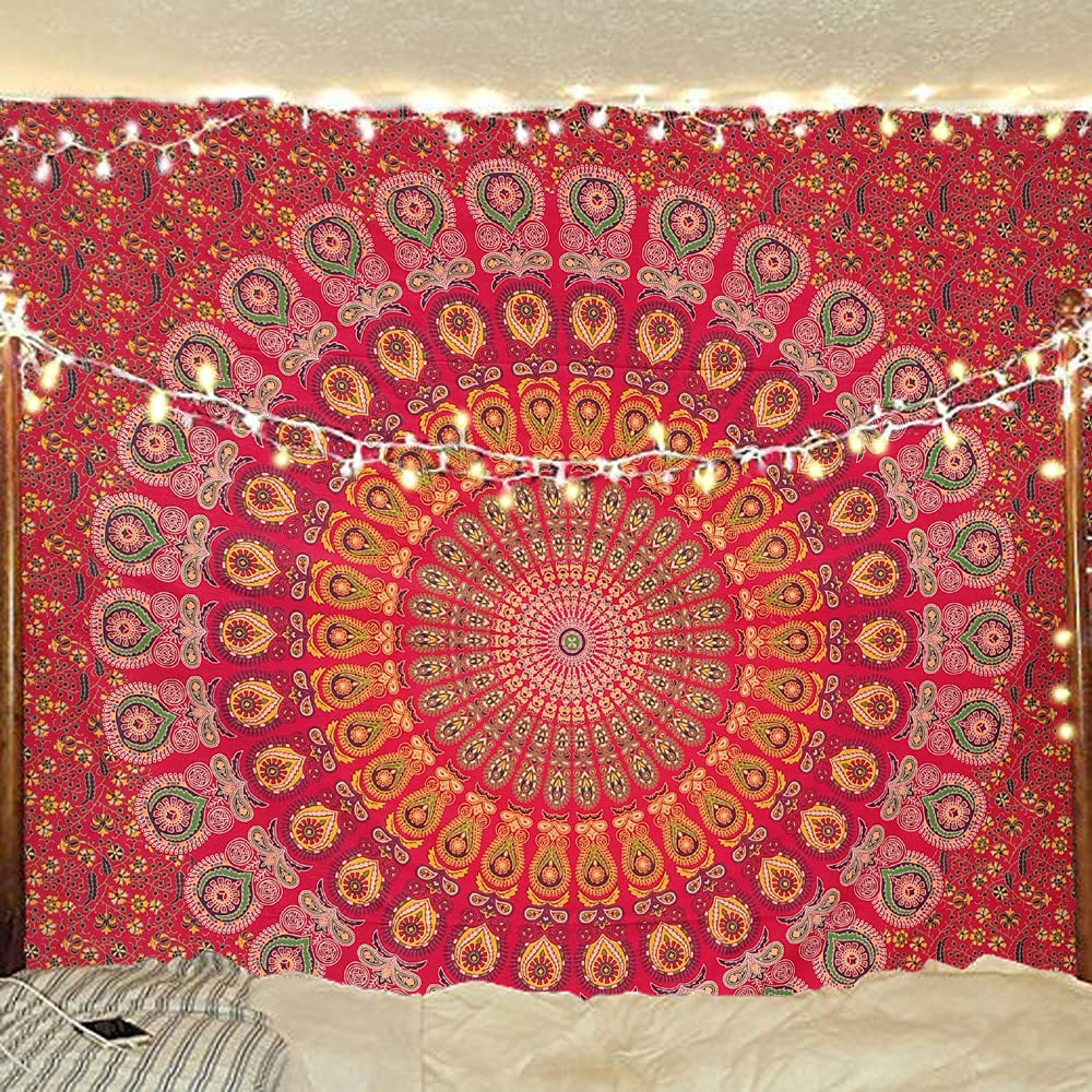 Indian Hippie Bohemian Psychedelic Golden Blue Peacock Mandala Wall Hanging Bedding Tapestry (Golden Red, King (88X104Inches)(22