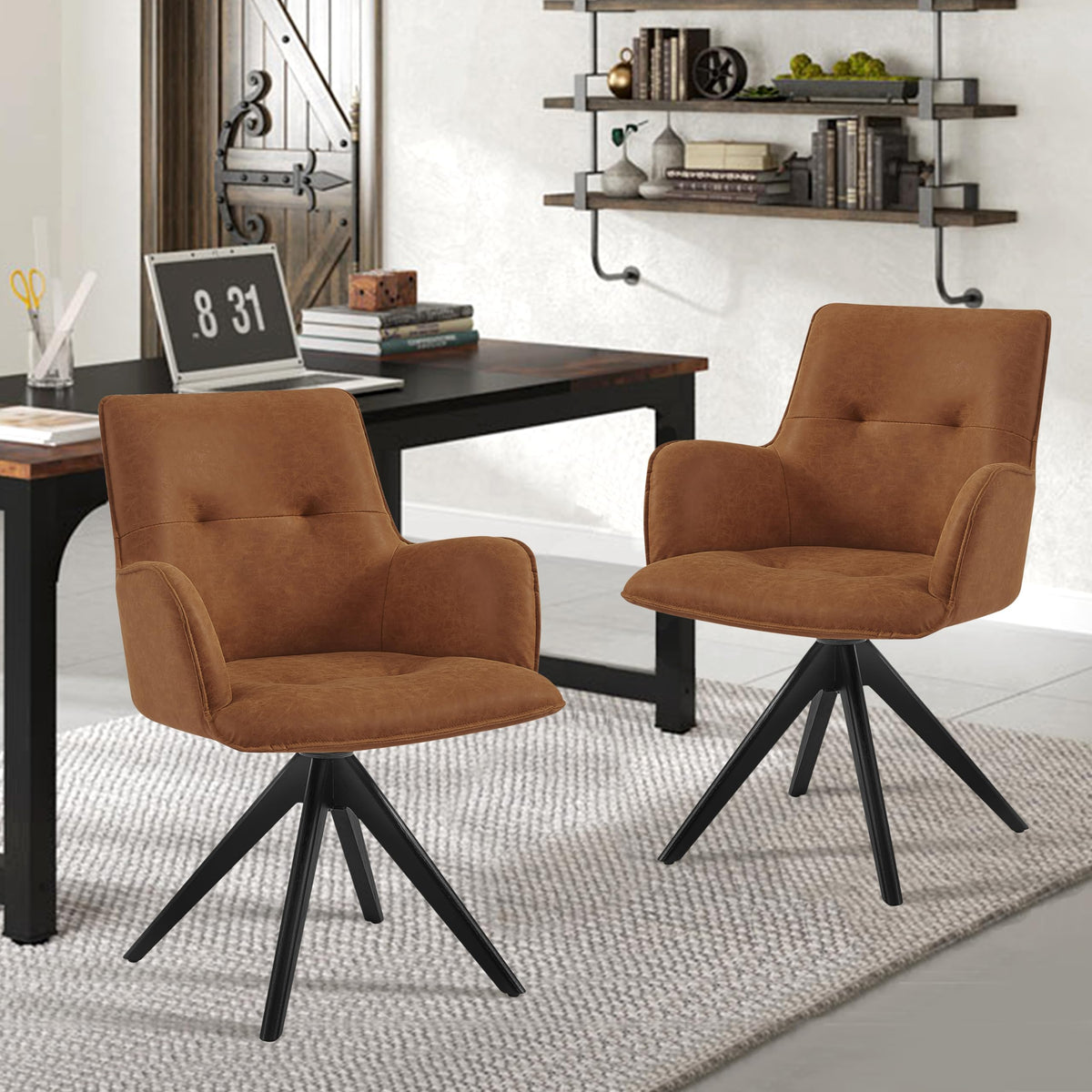 Art Leon Accent Chair Set Of 2 - Mid Century Modern Desk Chair No Wheels, Faux Leather Upholstered Office Chair With Black Oak W