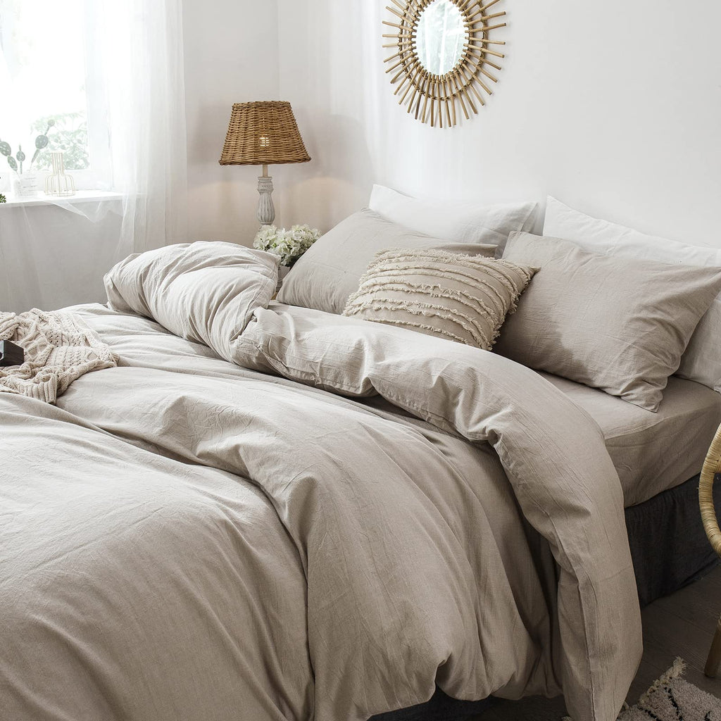 Moomee Bedding Pillowcases Pack Of 2 100% Washed Cotton Linen Like Textured Breathable Durable Soft Comfy (Tannish Linen Grey, K