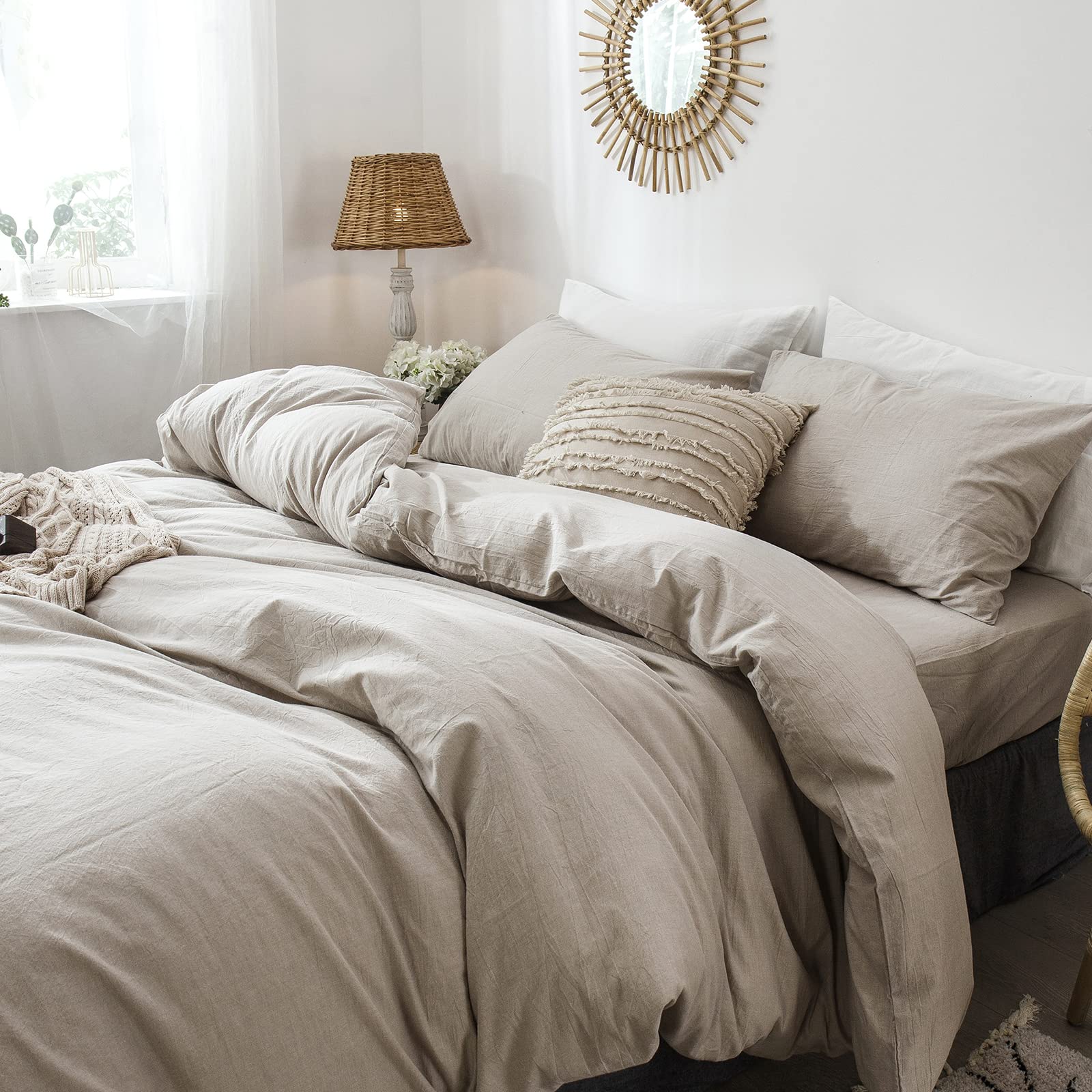 Moomee Bedding Pillowcases Pack Of 2 100% Washed Cotton Linen Like Textured Breathable Durable Soft Comfy (Tannish Linen Grey, S