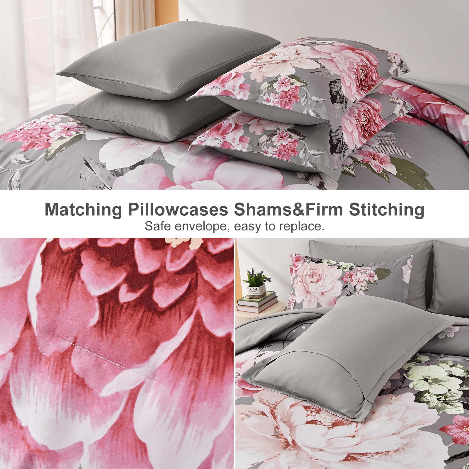 Dintszyayue Grey Comforter Set Queen Size,7 Pieces Pink Floral Print Bed In Bad Elegant Flower Bedding Set Soft Bedding For All
