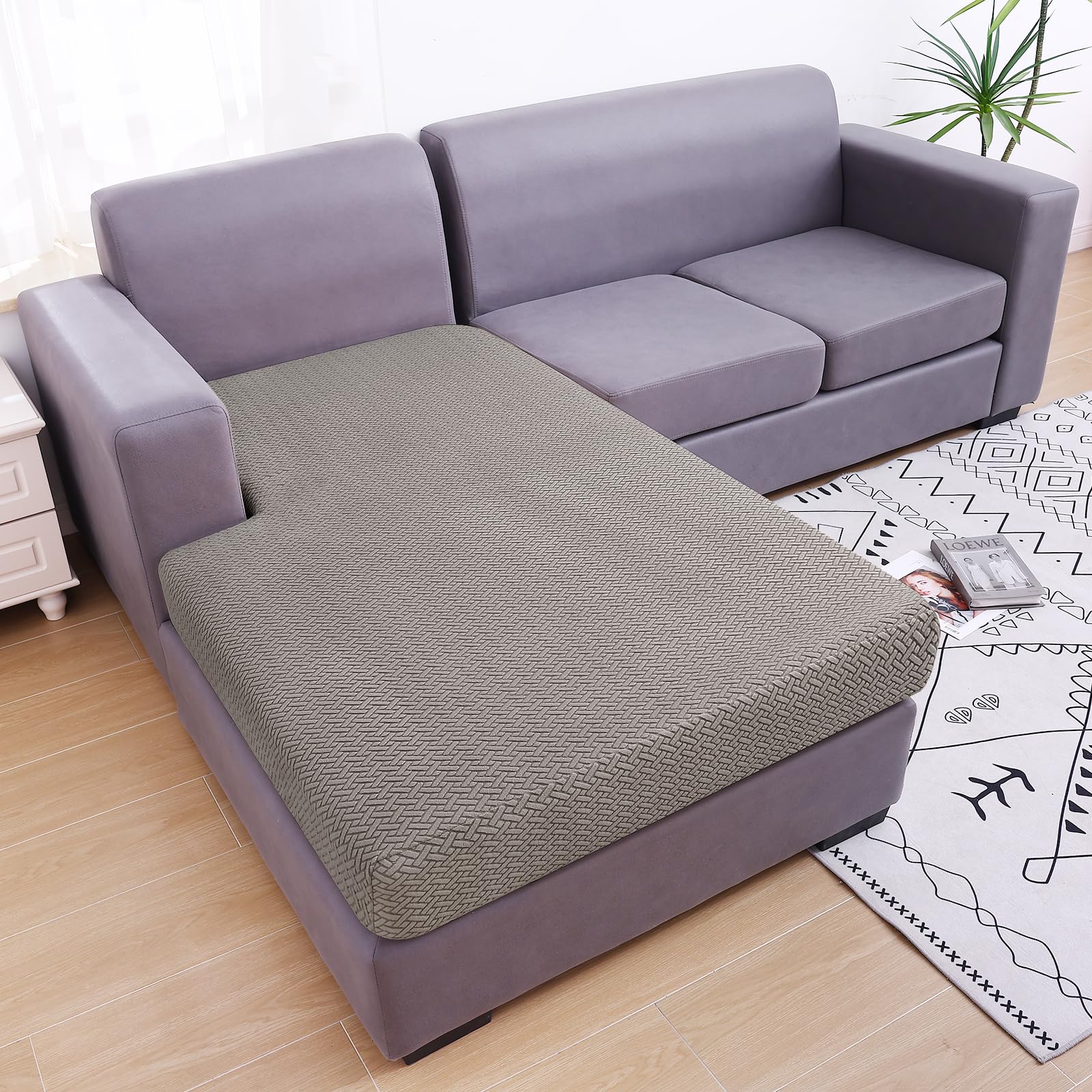 Smiry Waterproof Couch Cushion Covers, Stretch Jacquard Sectional Couch Covers, L Shape Chaise Lounge Sofa Slipcover, Washable Elastic Furniture Protector For Pets, Kid (Chaise Cover, Taupe)
