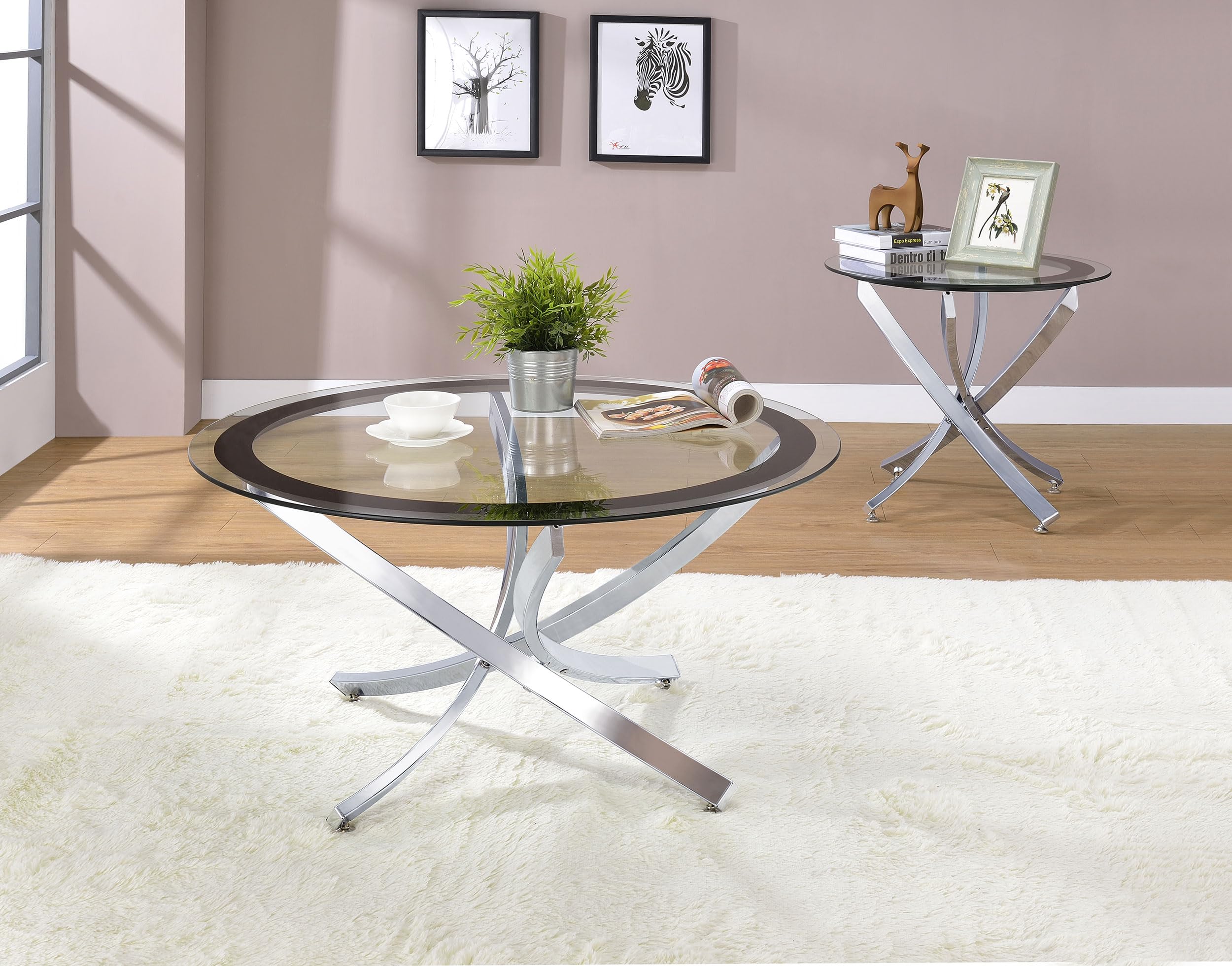 Coaster Home Furnishings Brooke 2-Piece Round Glass Top Coffee Table Set Chrome