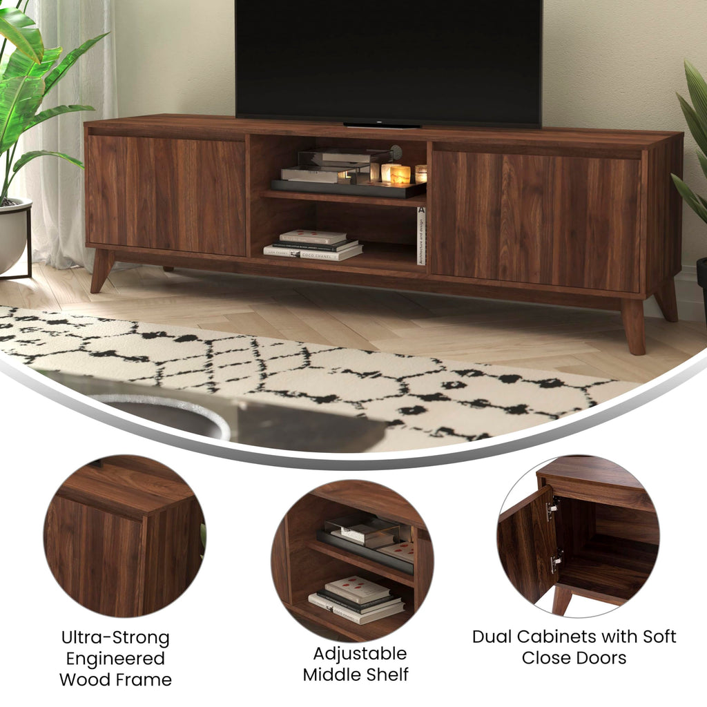 Flash Furniture Hatfield Engineered Wood Tv Stand For 65&Quot;+ Tvs, Media Console/Tv Cabinet With Adjustable Shelf And Soft Close Doors, Dark Walnut
