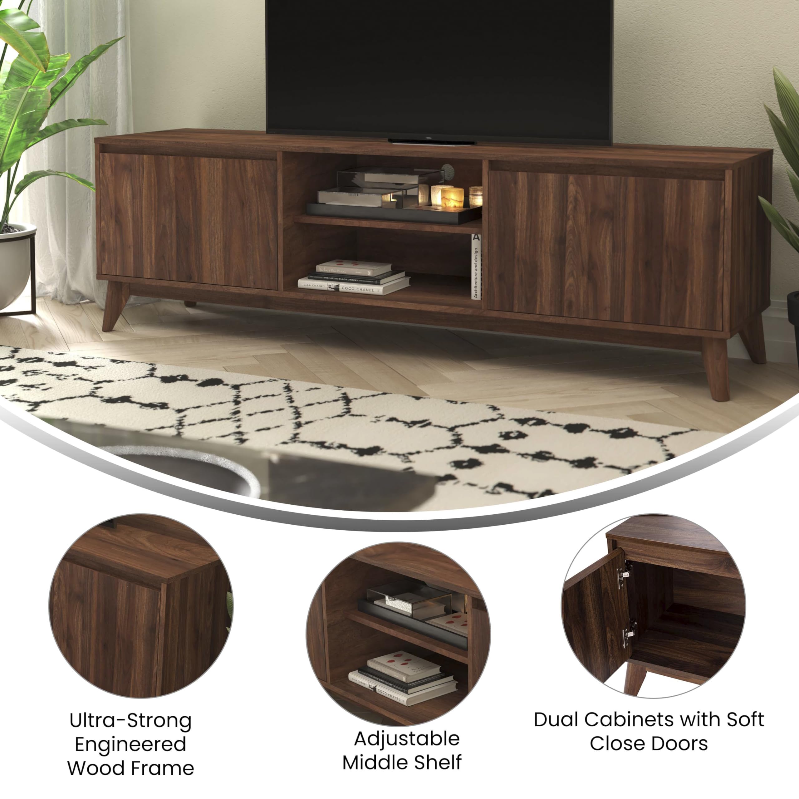 Flash Furniture Hatfield Engineered Wood Tv Stand For 65&Quot;+ Tvs, Media Console/Tv Cabinet With Adjustable Shelf And Soft Close Doors, Dark Walnut