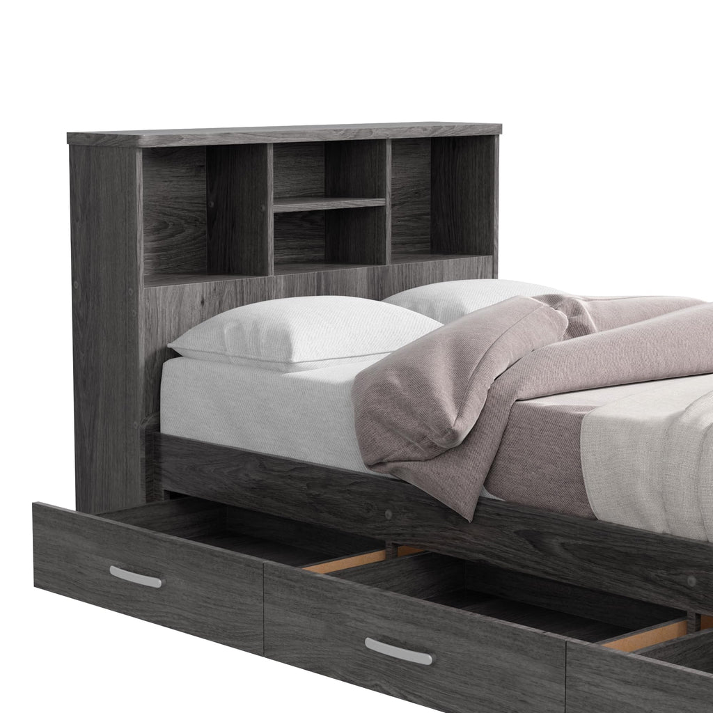 Bed with 3 Drawers and Bookcase Headboard (Grey, Twin)