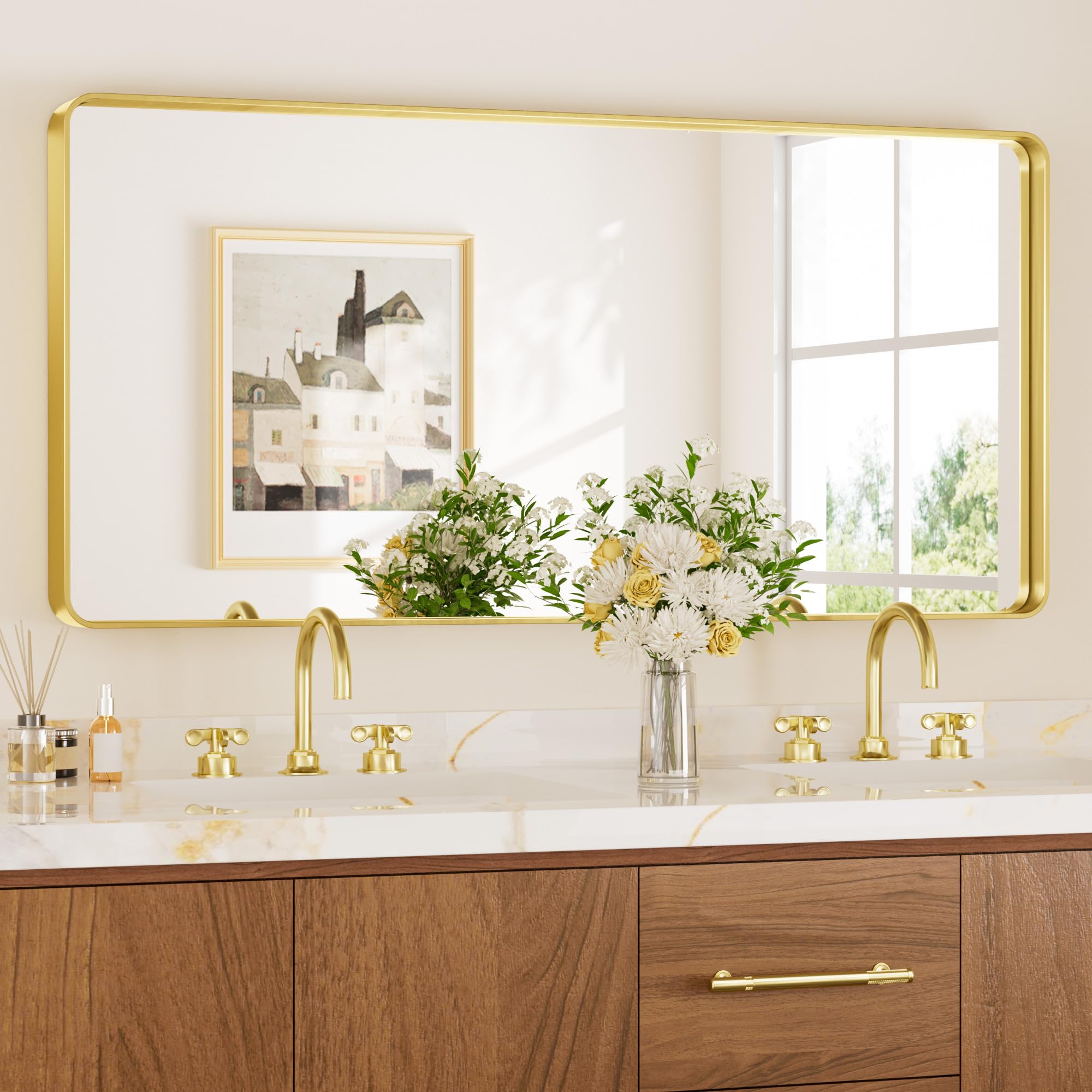 Keonjinn Gold Bathroom Mirrors for Wall 42    x 20    Large Rounded Rectangle Gold Vanity Mirror, Brushed Brass Mirror with Meta