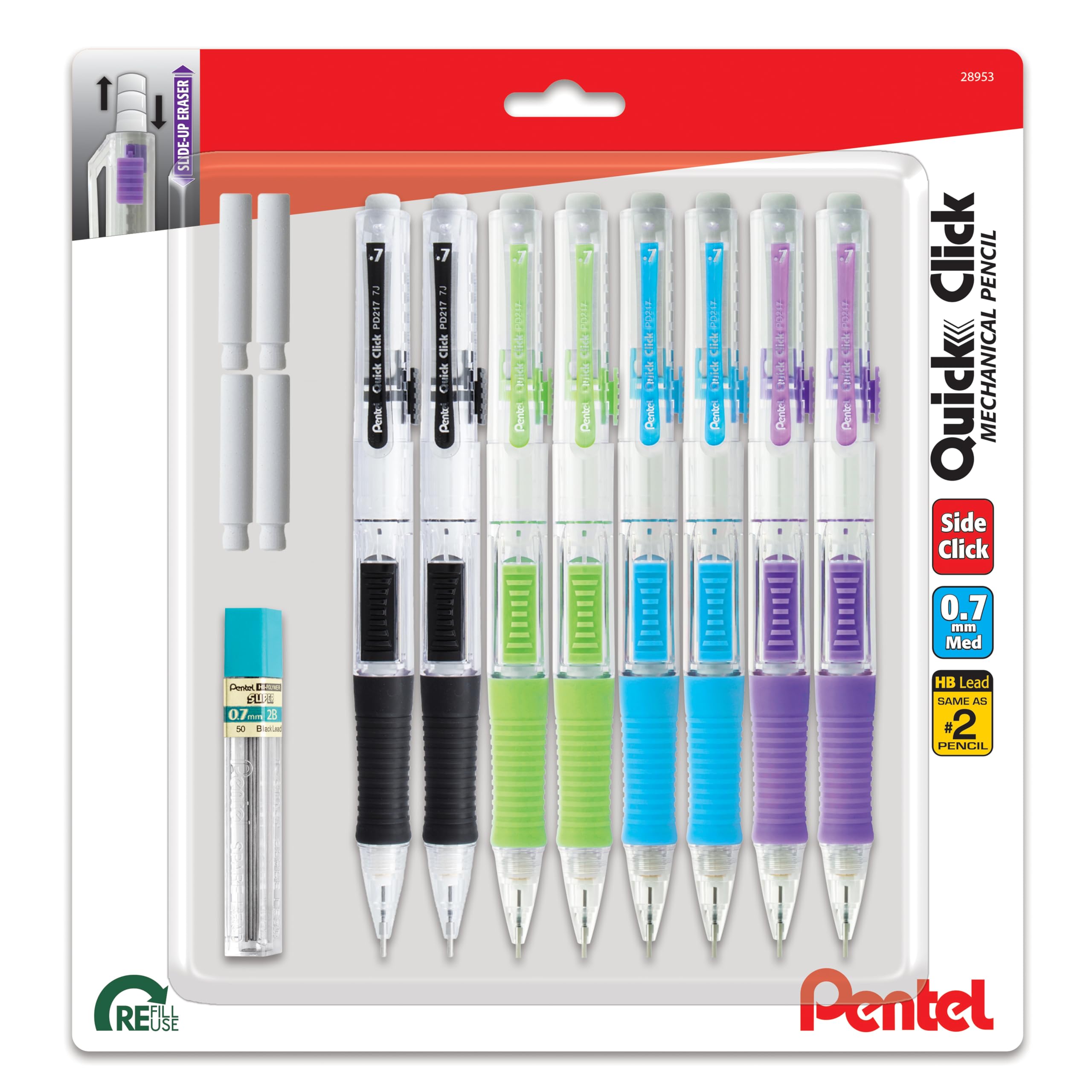 Pentel Quick Click Mechanical Pencil, (0.7Mm), Includes Refill Lead And Erasers, Pack Of 8 Pencils (Pd217Lebp8)