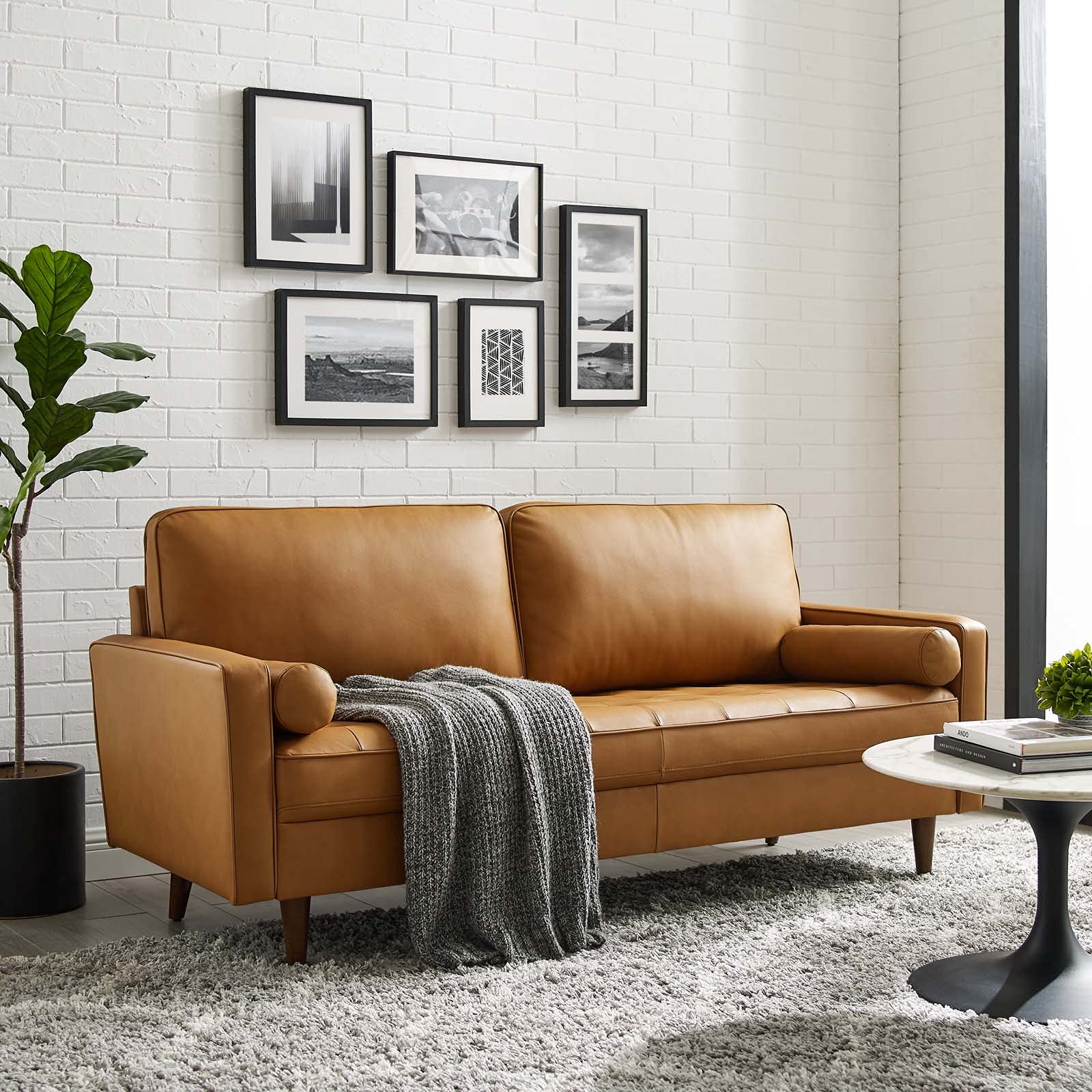 Modway Valour 73&quot; Leather Tufted Sofa in Tan