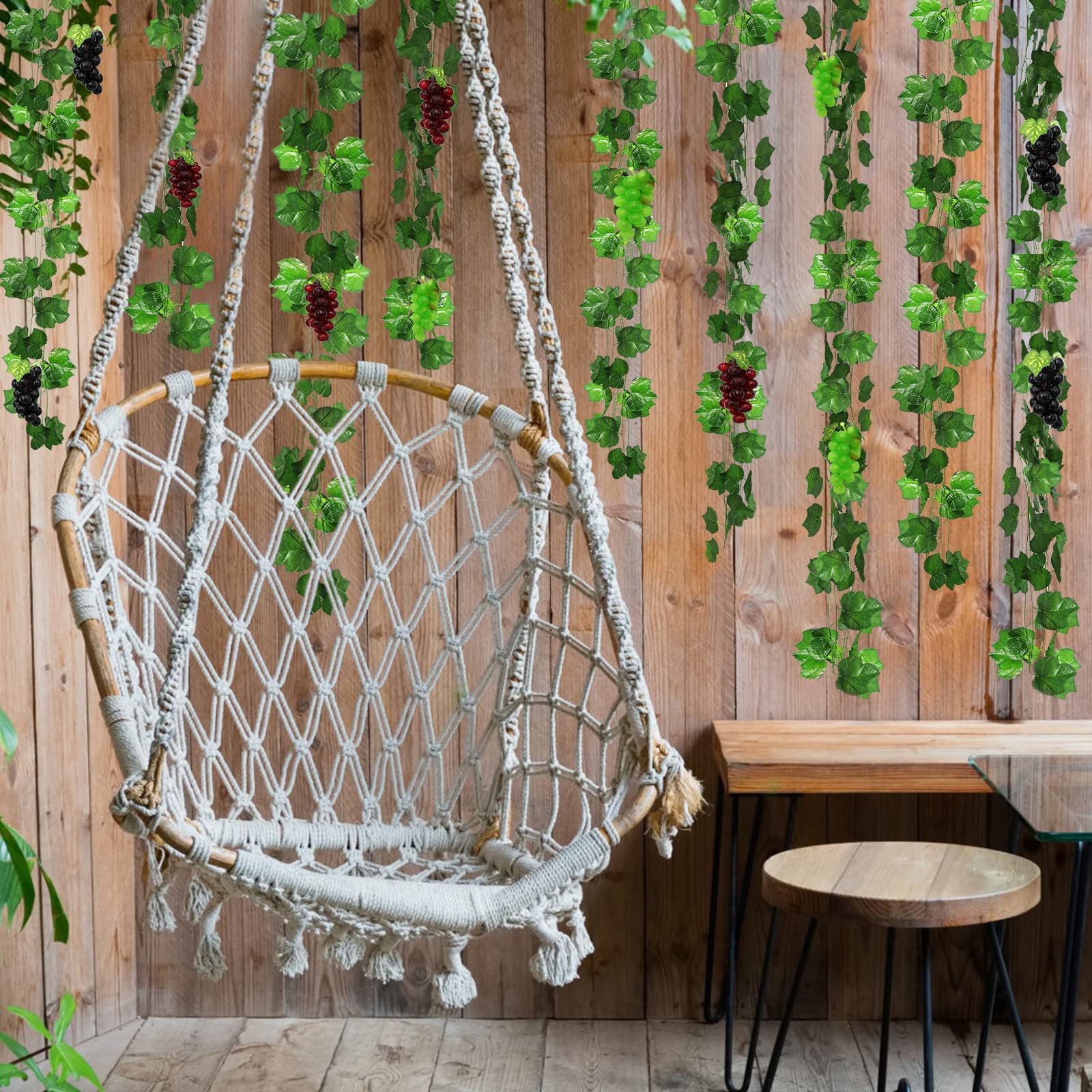 Hecaty 12 Strands 90 Ft Artificial Fake Grape Vines With 3 Strings Grapes, Hanging Plant Large Leaves Garland For Wedding Party