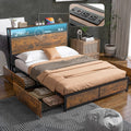 Komfott Industrial Metal Bed Frame With Led Lights, Full Size Platform Bed Frame With 4 Roll-Out Storage Drawers, 2-Tier Storage Headboard, 2 Charging Outlets & Usb Port, No Box Spring Needed