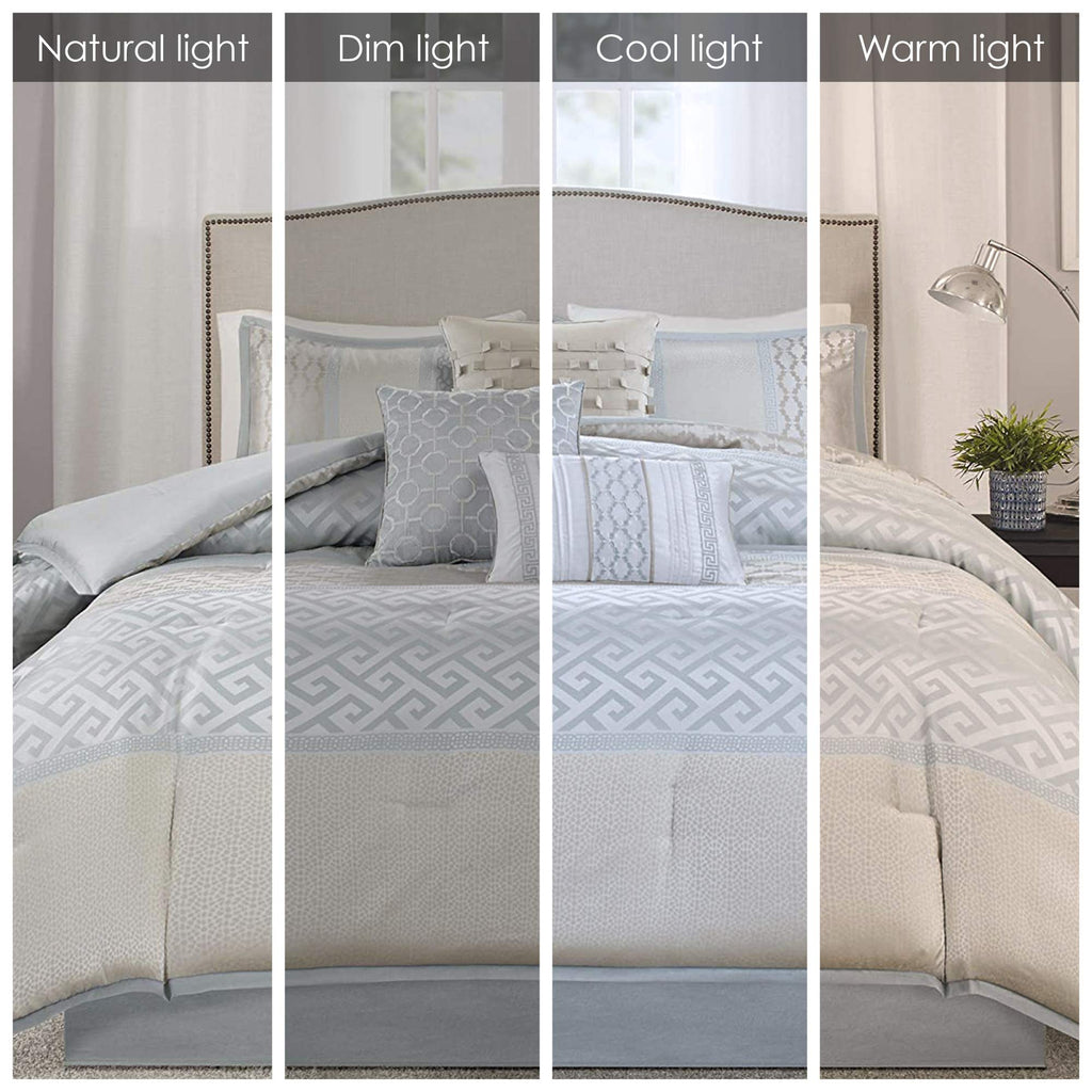 Madison Park Luxury Comforter Set-Traditional Jacquard Design All Season Down Alternative Bedding, Matching Bedskirt, Decorative Pillows, King(104'X92'), Bennett, Geometric Aqua 7 Piece