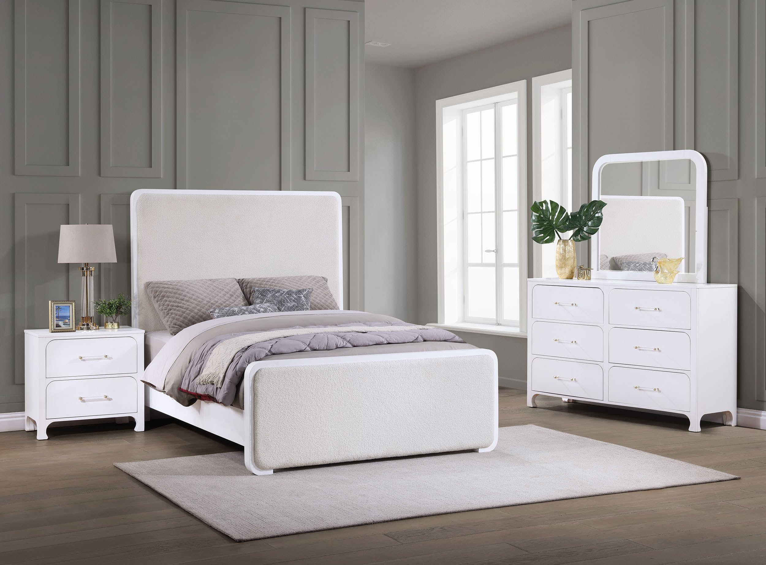 Coaster Home Furnishings Anastasia Contemporary 4-Piece Bedroom Set Boucle Upholstered Eastern King Size Panel Bed Frame 64-inch Headboard Pearl White 224751KE-S4