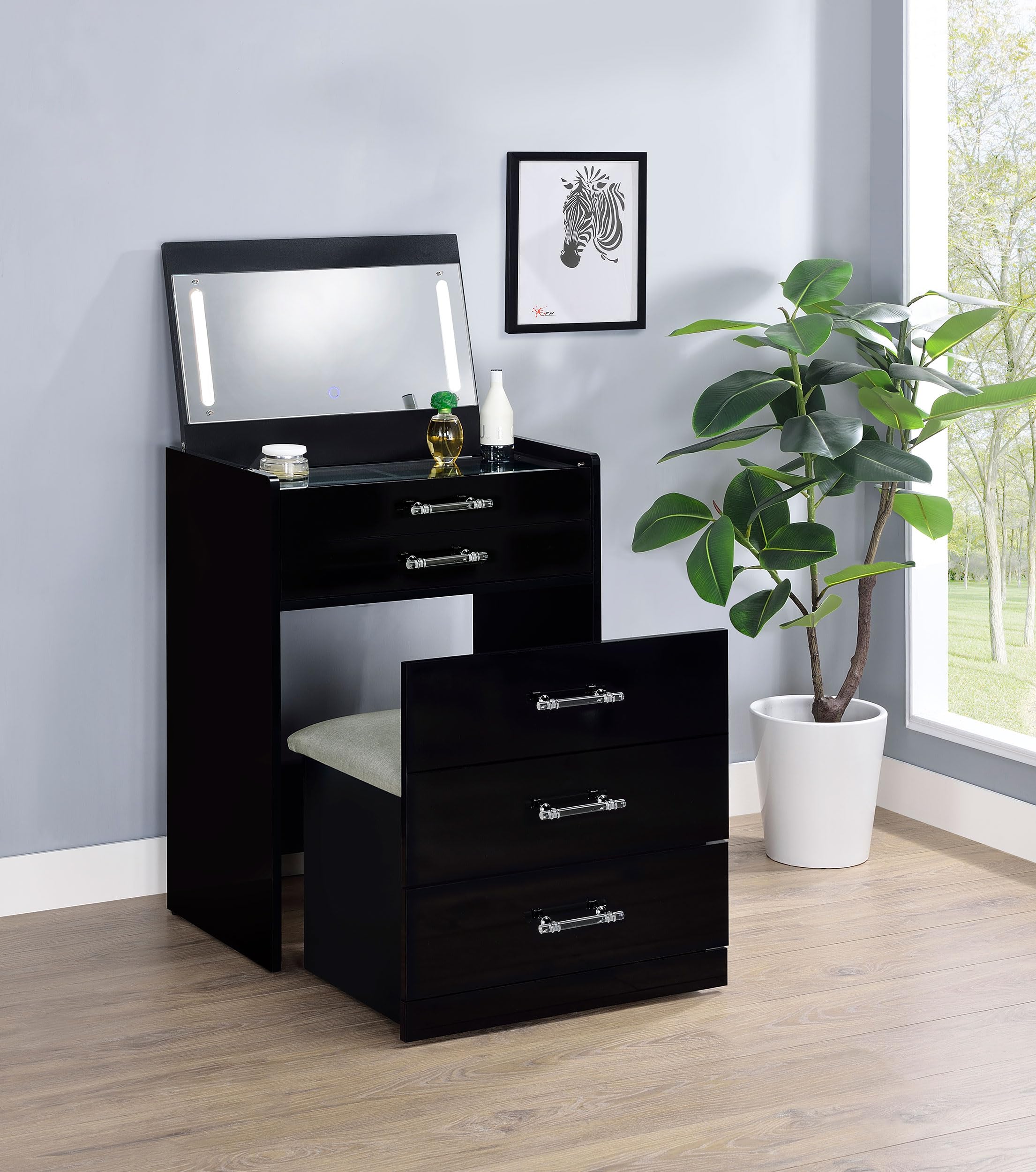 Coaster Home Furnishings Danbury Contemporary 2-Piece 2-Drawer Makeup Vanity Desk with LED Light Vanity Mirror Tempered Glass Top with Vanity Chair Black High Gloss 930209