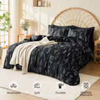 Muxhomo Black Bed In A Bag Queen 7 Pieces, Queen Comforter Set Reversible Botanical Flowers Design, Ultra Soft & Breathable Bedd