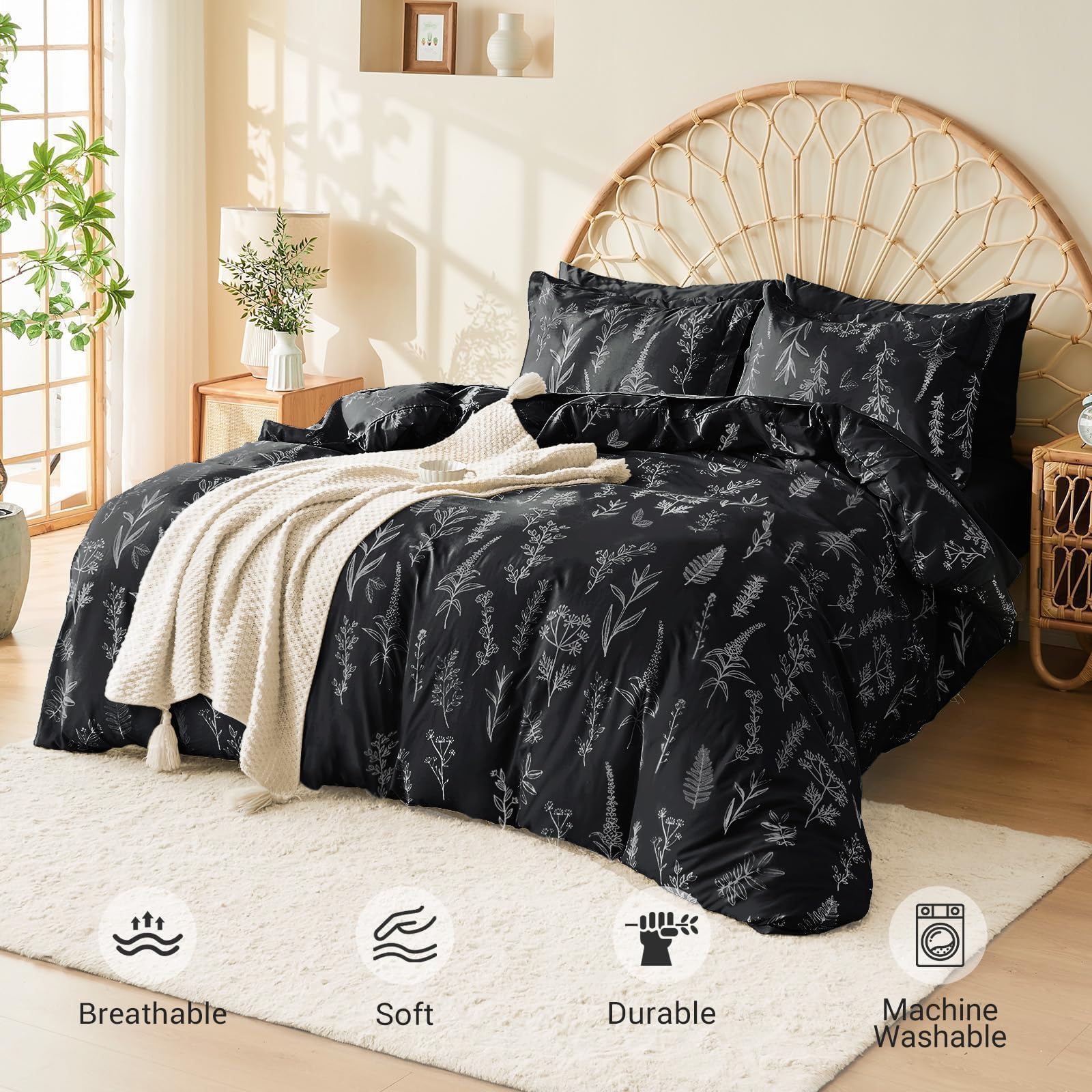 Muxhomo Black Bed In A Bag Queen 7 Pieces, Queen Comforter Set Reversible Botanical Flowers Design, Ultra Soft & Breathable Bedd