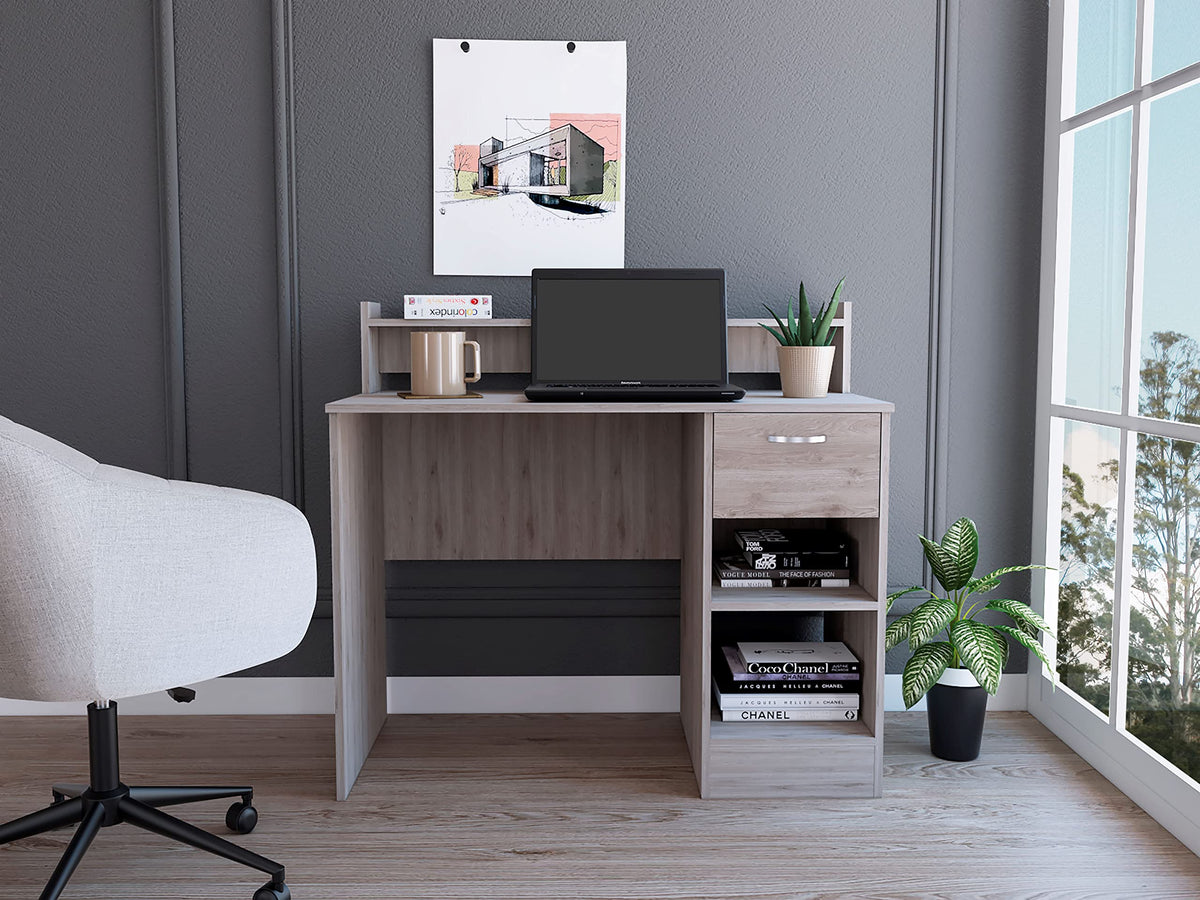 Vera Computer Desk with Top Open Shelf, 1-Drawer and 2-Storage Shelves, Light Gray