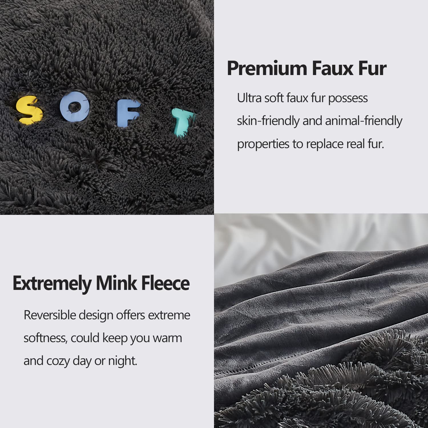 Gonaap Fuzzy Faux Fur Throw Blanket Queen Size Dark Grey Super Soft Cozy Plush Fuzzy Shaggy Blanket For Couch Sofa Bed (Dark Gre