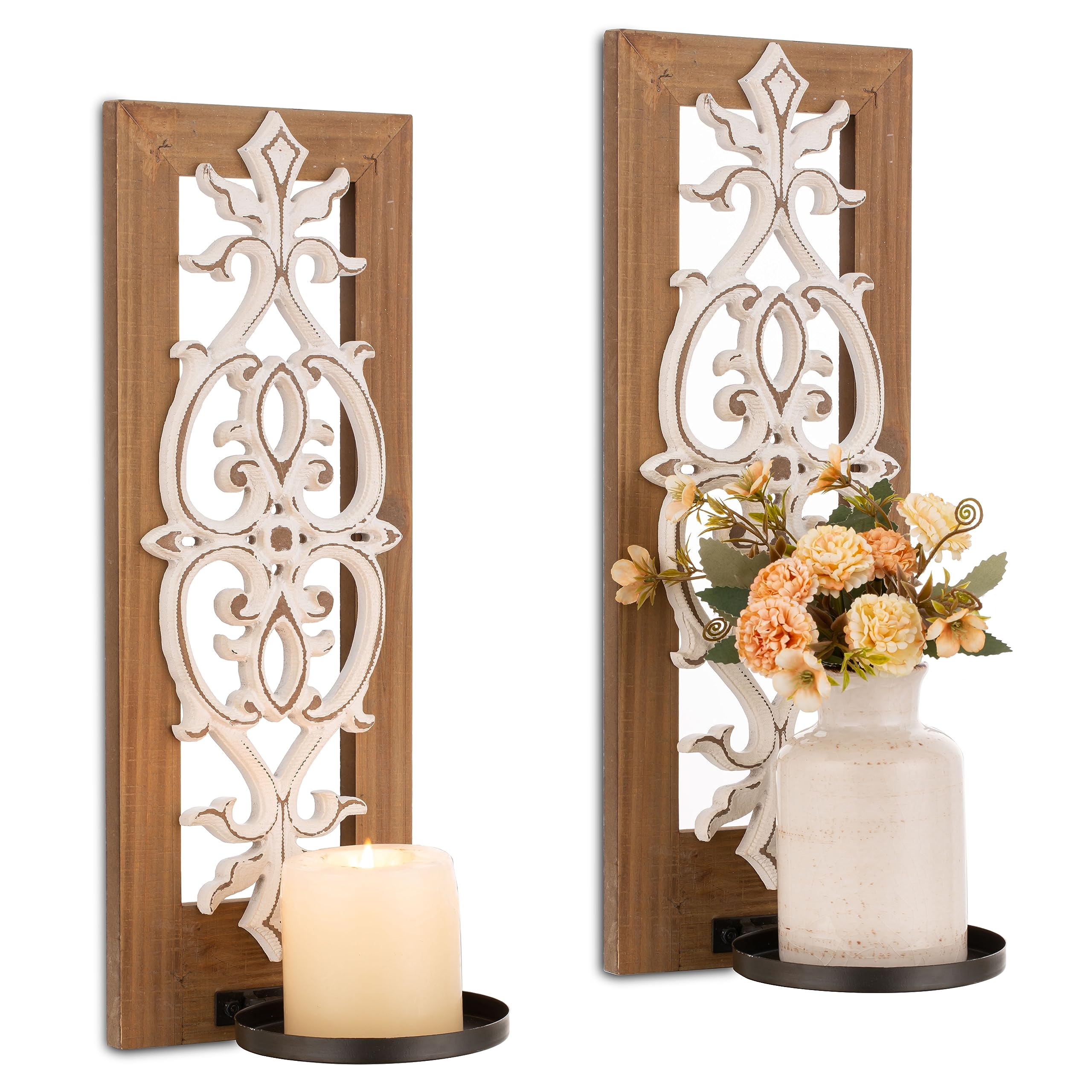 Rustic Wood Candle Sconces Wall Decor - Set of 2 Walasis Farmhouse Wall Candle Holder Decorative Carved Brown Candle Sconce Art 