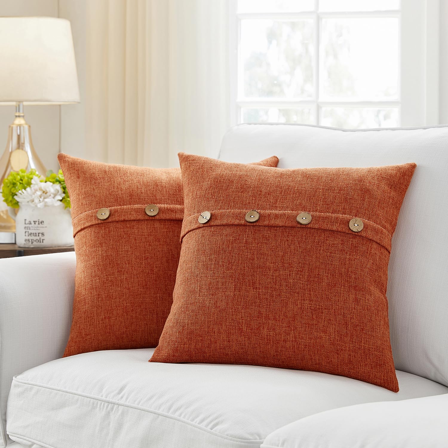 Meekio Set Of 2 Fall Pillow Covers 22 X 22 Burnt Orange Pillow Covers With Coconut Buttons Fall Decorations For Home