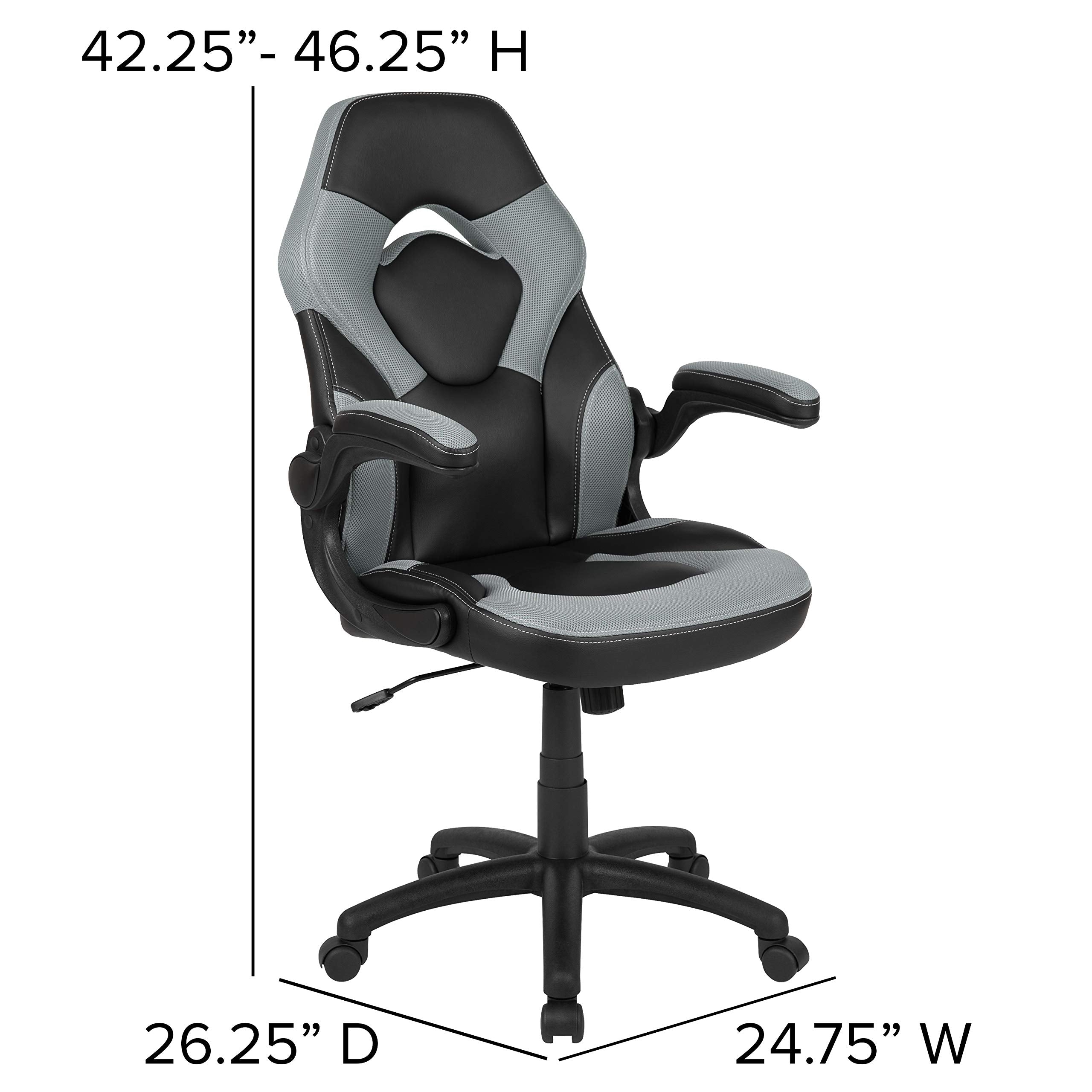 Flash Furniture X10 High-Back Leathersoft Racing Style Gaming Chair With Flip-Up Arms, Ergonomic Padded Swivel Computer Chair, Gray/Black