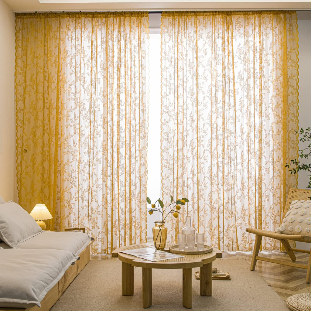 Deeprove Gold Lace Sheer Curtains 72 Inches Length 2 Panels Set, Florals Embroidery Privacy Window Treatment Pair Decor Drapes F