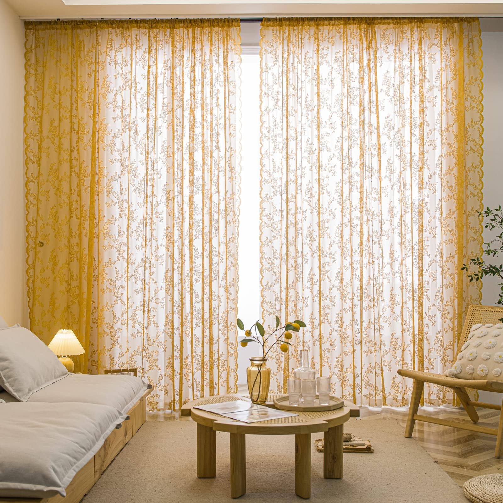Deeprove Gold Lace Sheer Curtains 96 Inches Long 2 Panels Set, Rose Florals Embroidery Privacy Window Treatment Pair Drapes For