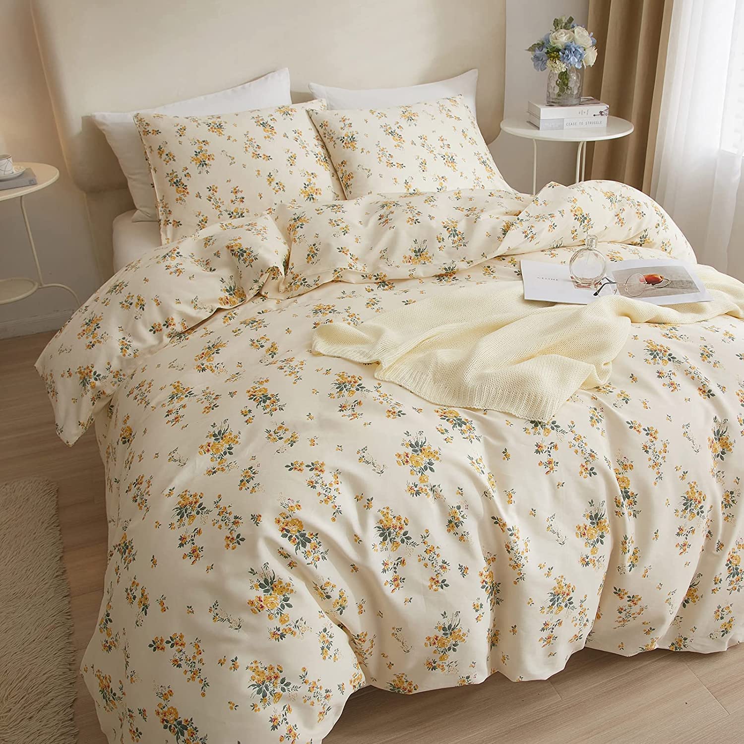 Lifetb Bed Linen Set, Queen Botanical Floral Duvet Cover Set With 2 Pillowcases, 100% Cotton, Zipper Closure, 90X90In