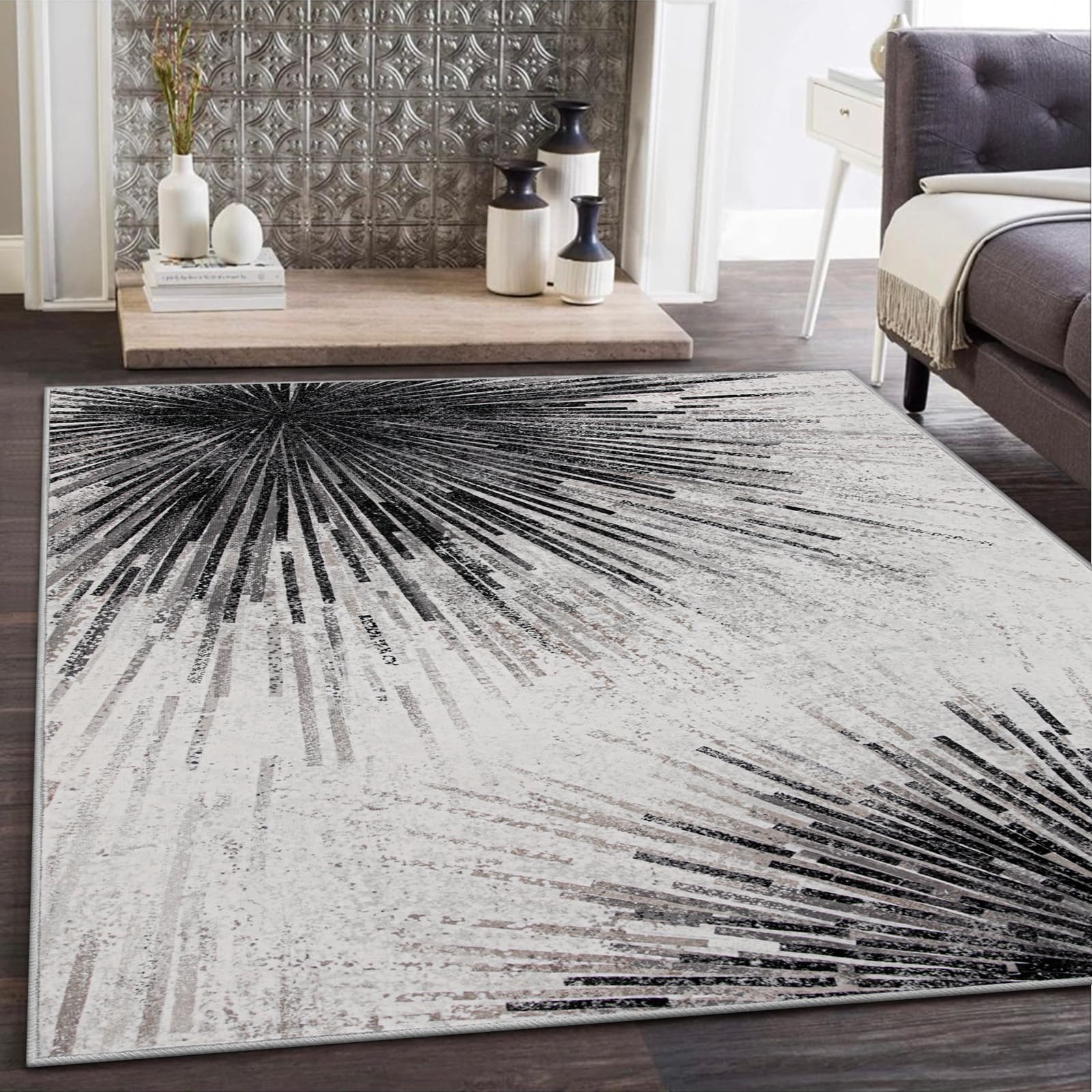Lahome Modern Black 8 X 10 Area Rugs For Living Room - Washable Non-Slip Backing Large Rug Ultra-Thin Stain Resistant Dining Roo