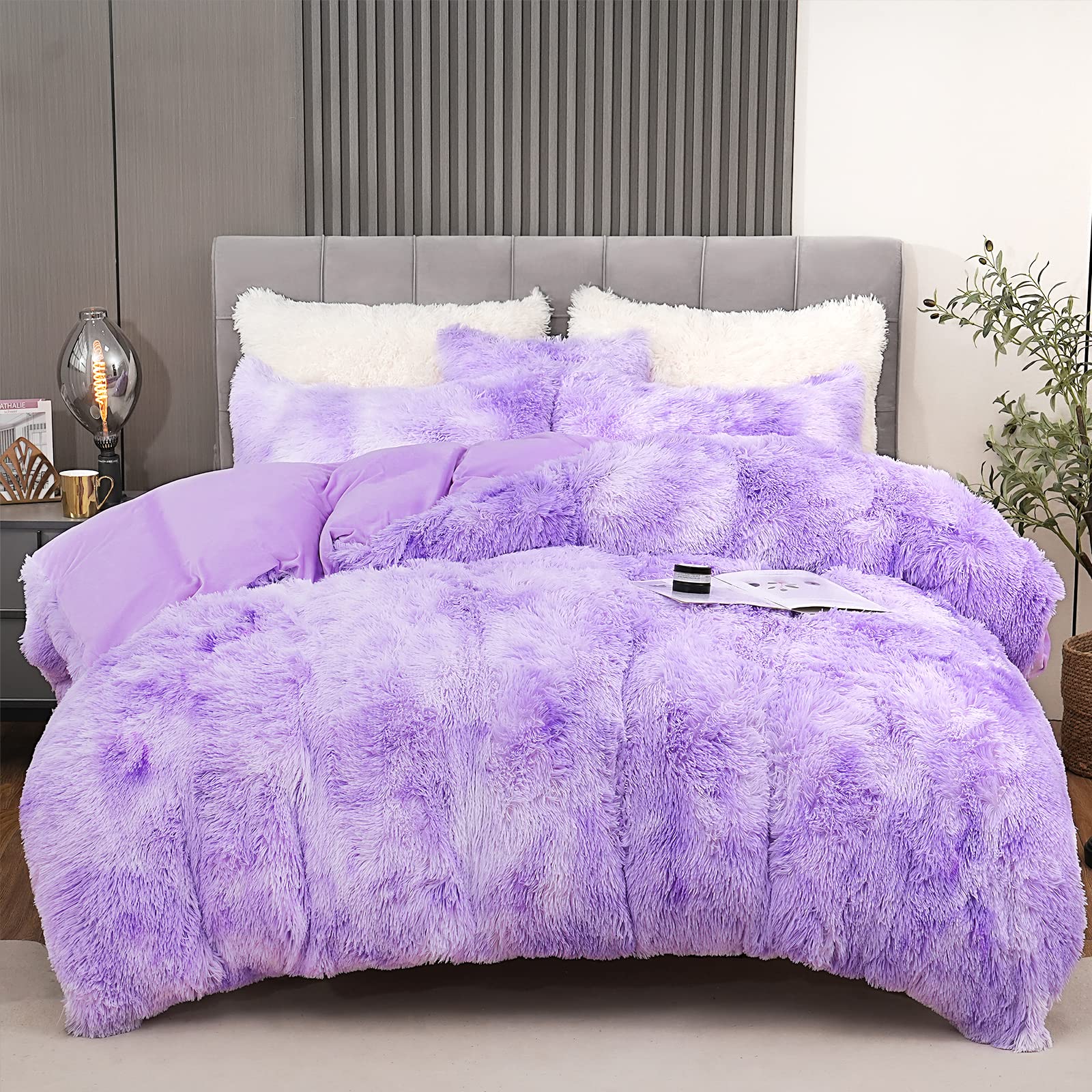 Fluffy Plush Purple Duvet Cover Set Queen Size, Luxury Soft Velvet Fuzzy Comforter Cover Bed Sets 4Pcs(1 Faux Fur Duvet Cover +