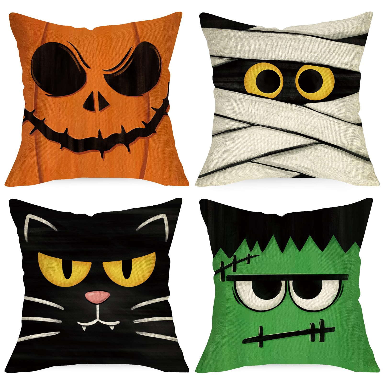 Ussap Halloween Jack O Lantern Decorative Throw Pillow Covers 20 X 20 Set Of 4, Spooky Face Mummy Black Cat Fran.Kens-Tein Cushi