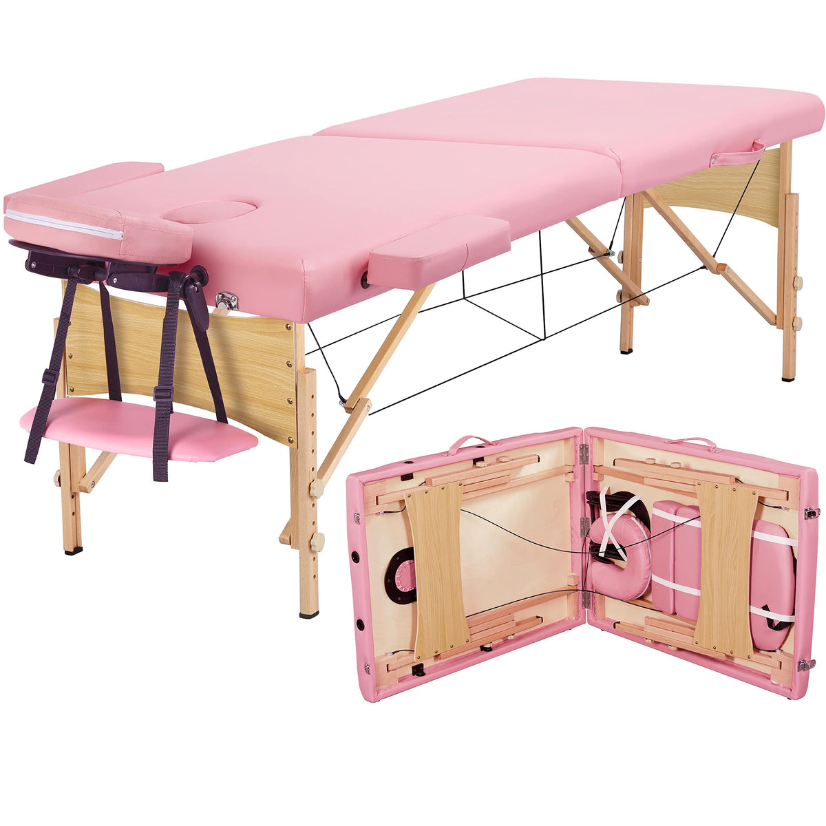 Yaheetech Spa Bed Portable Lash Bed Massage Bed Foldable Spa Tables Adjustable 2 Fold with Non-Woven Bag 28 inch, Pink