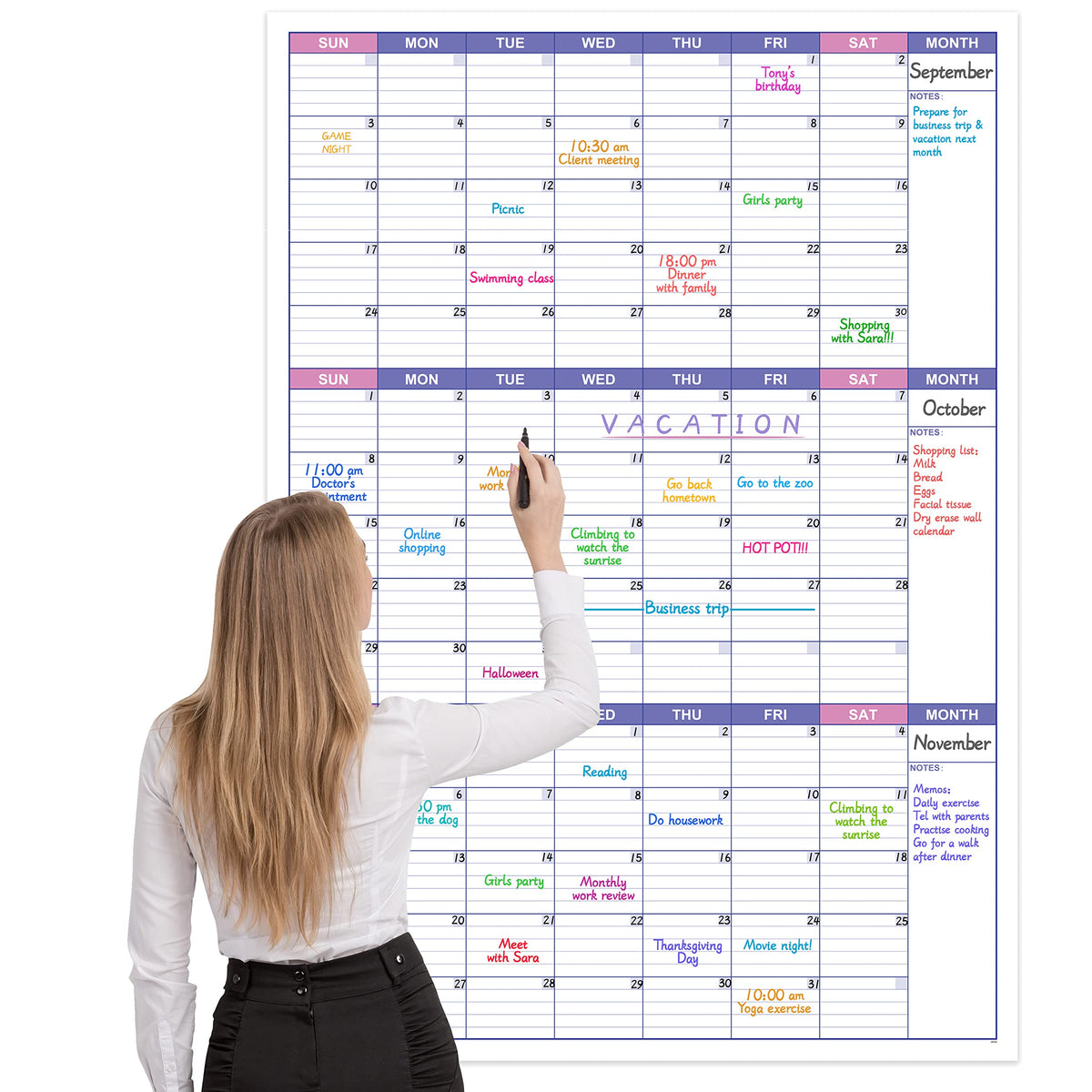 Booqool Large Dry Erase Calendar For Wall - Undated 3 Month Calendar, 27.7' X 40', Erasable & Reusable Laminated White Board W