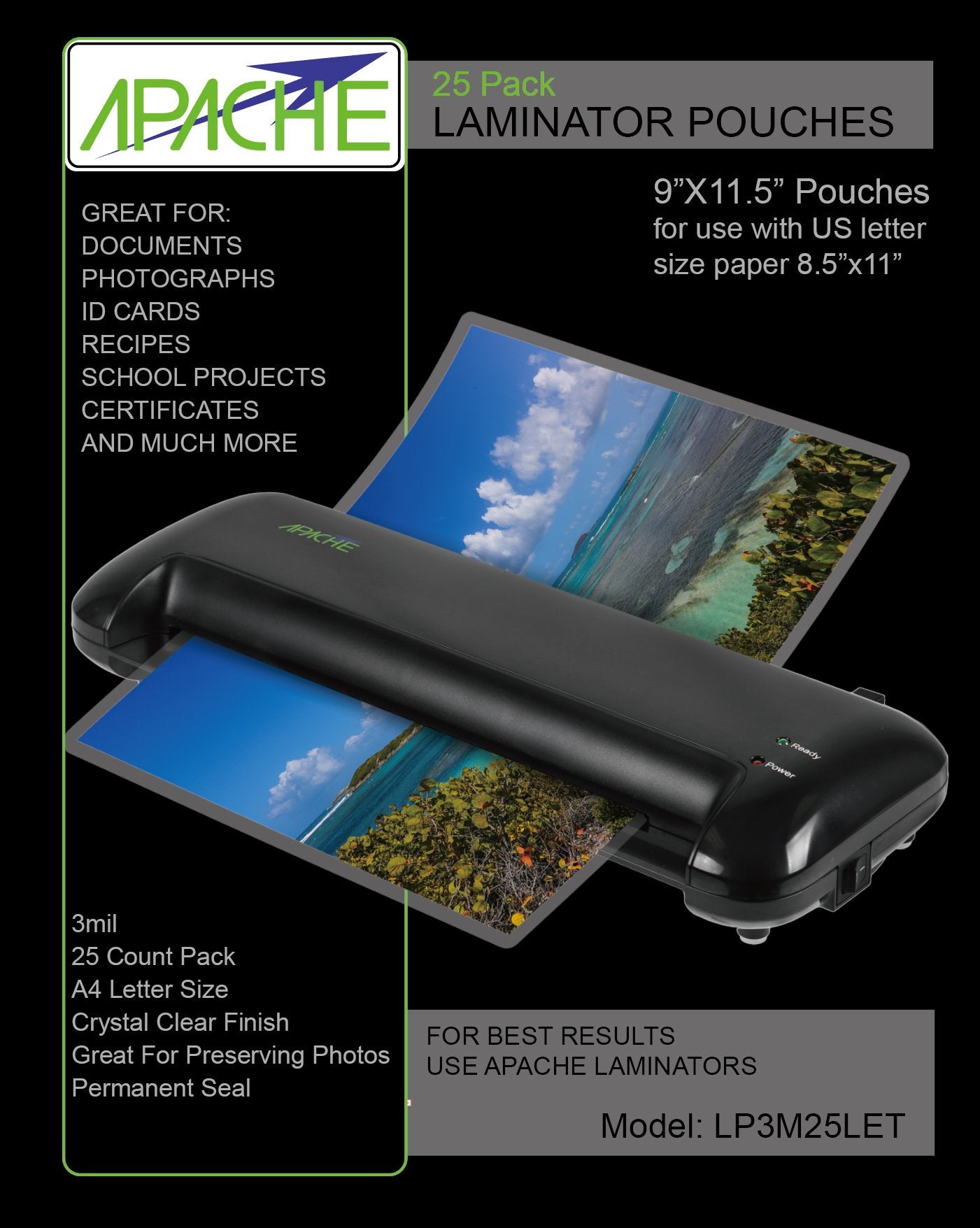 Apache Laminating Pouches 3 Mil, For 8.5 X 11 Inch Letter Size Paper 9 X 11.5 Inch Sheets, 25 Pack