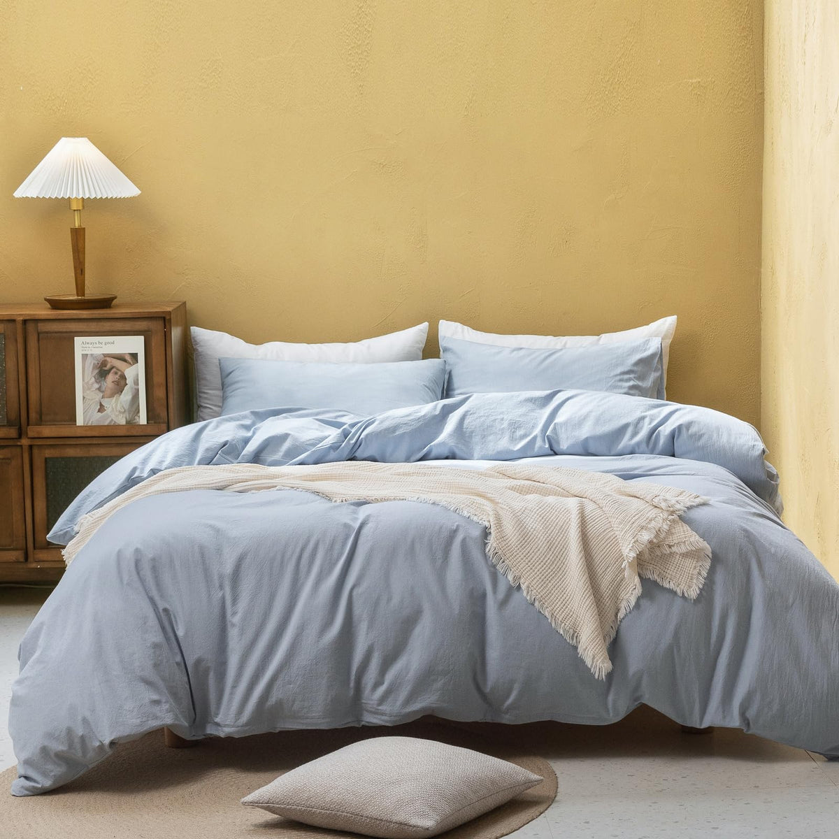 Fossa Duvet Cover Set 100% Washed Cotton Linen Feel Super Soft Comfortable Chic Lightweight 3 Pcs Home Bedding Set Cornflower Bl